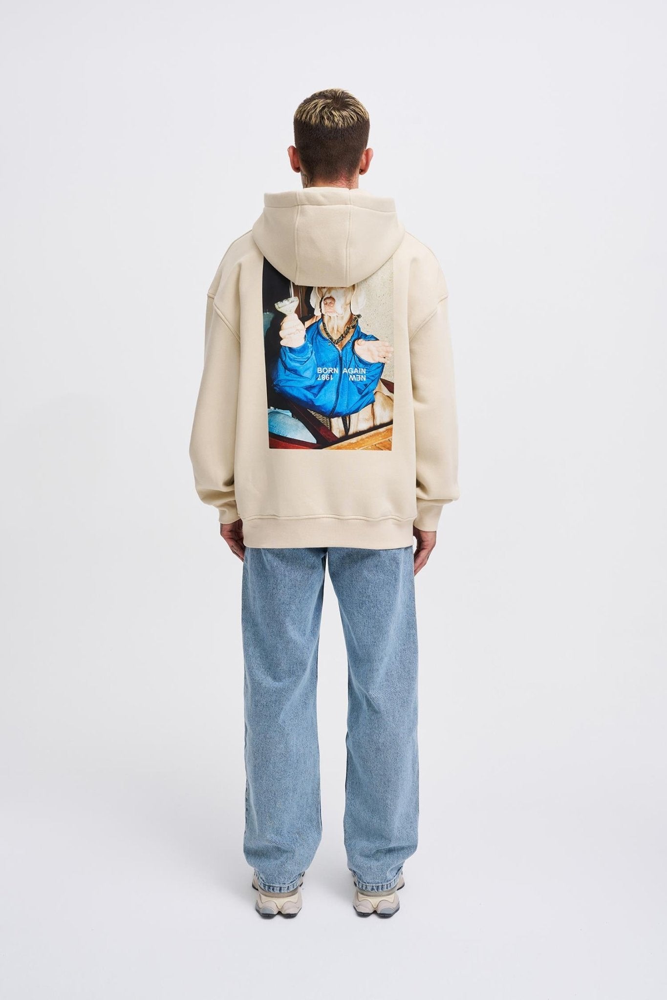 Erkek Oversize Born Again Baskılı Kapüşonlu Sweatshirt Açık Bej