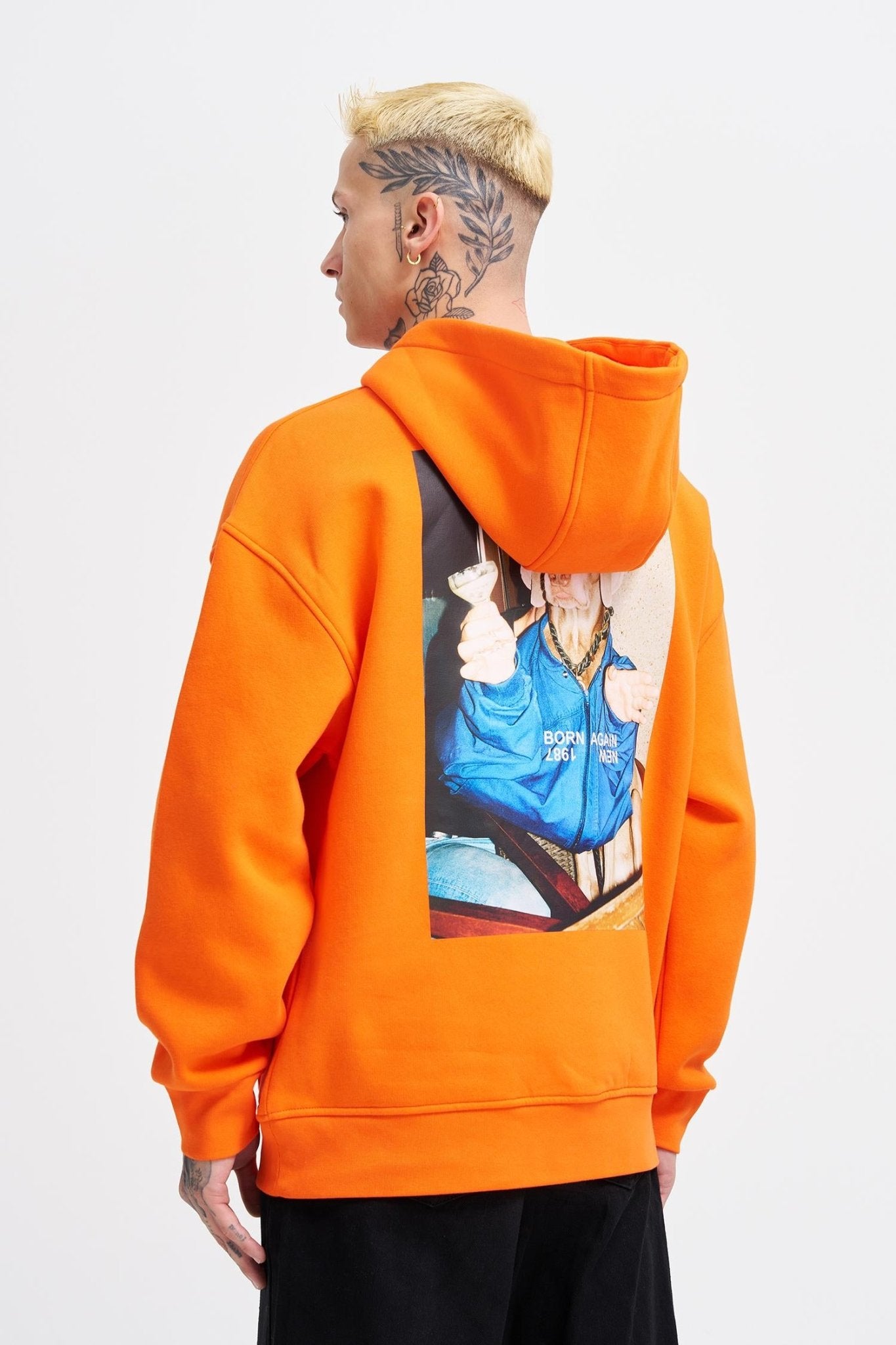 Erkek Oversize Born Again Baskılı Kapüşonlu Sweatshirt Neon Turuncu