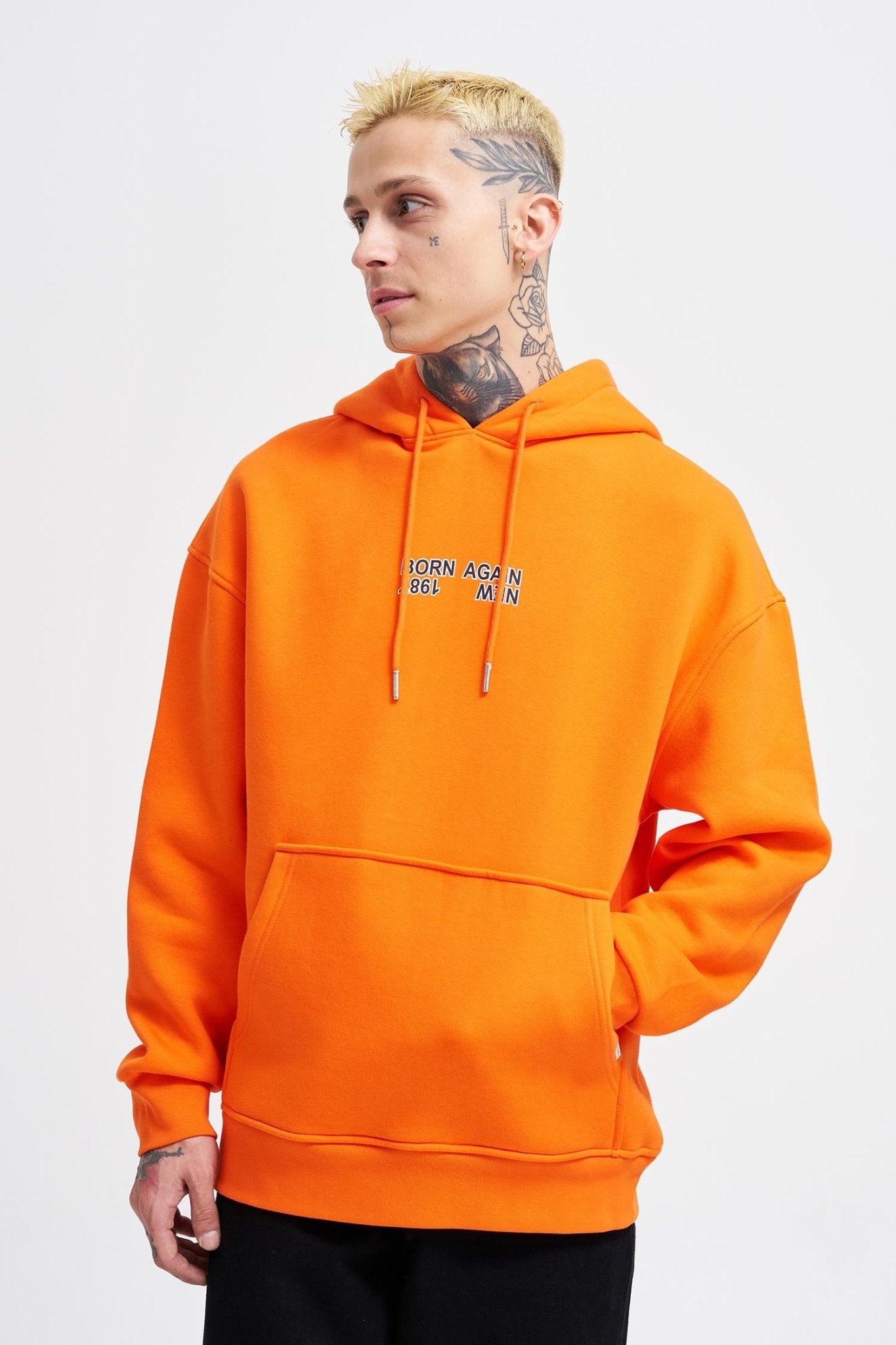 Erkek Oversize Born Again Baskılı Kapüşonlu Sweatshirt Neon Turuncu