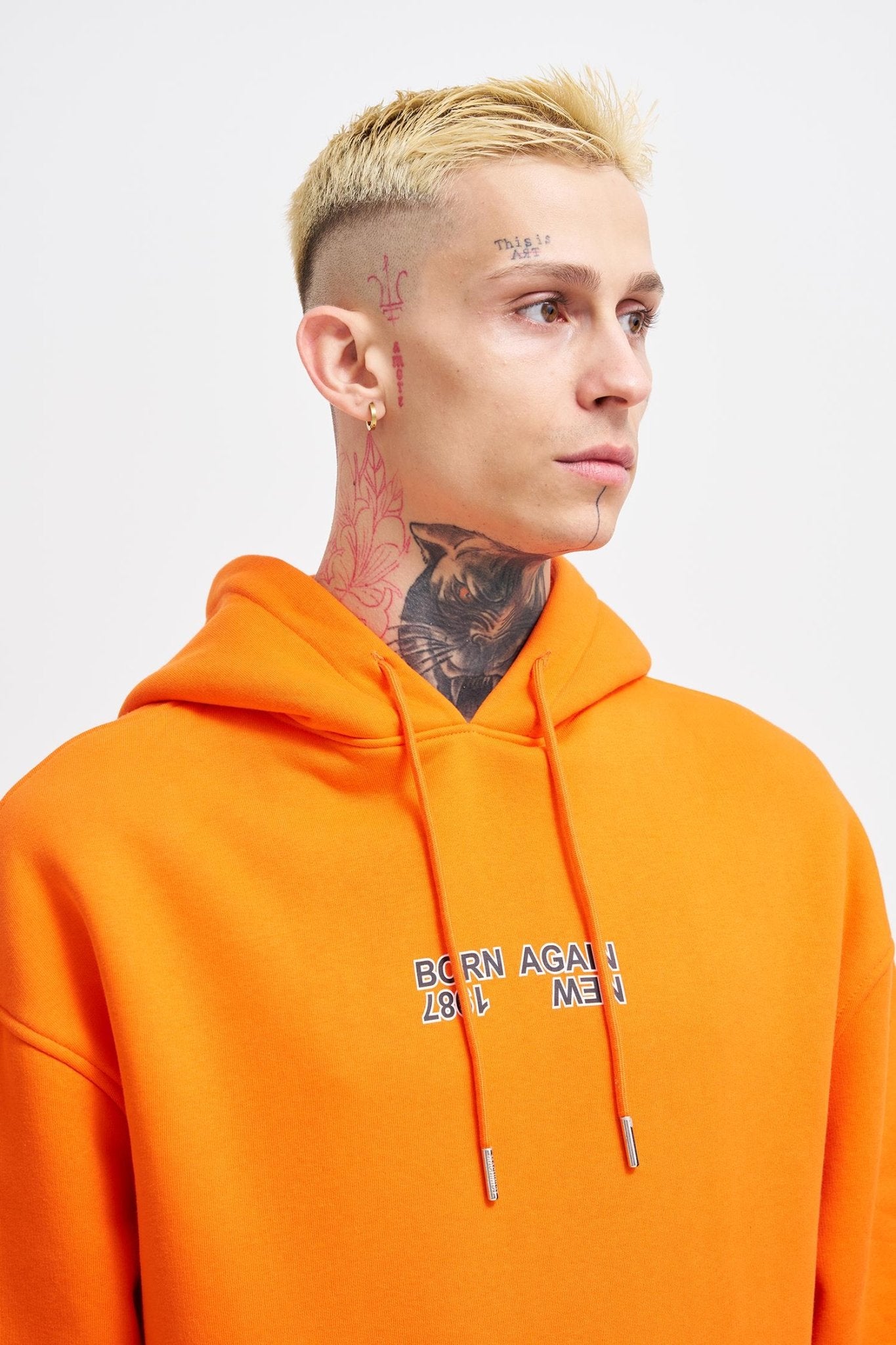Erkek Oversize Born Again Baskılı Kapüşonlu Sweatshirt Neon Turuncu