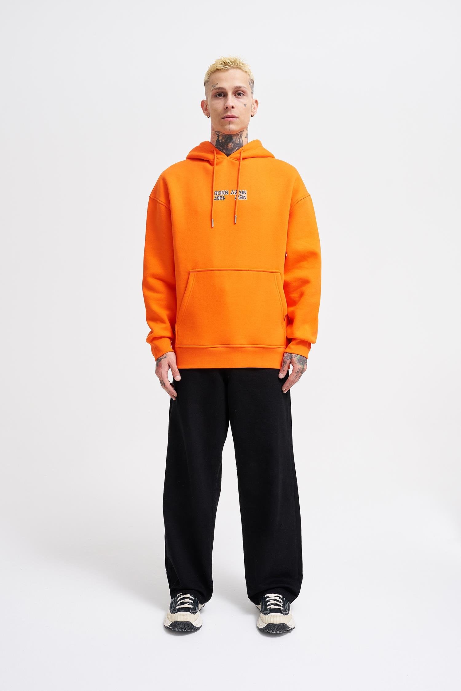 Erkek Oversize Born Again Baskılı Kapüşonlu Sweatshirt Neon Turuncu