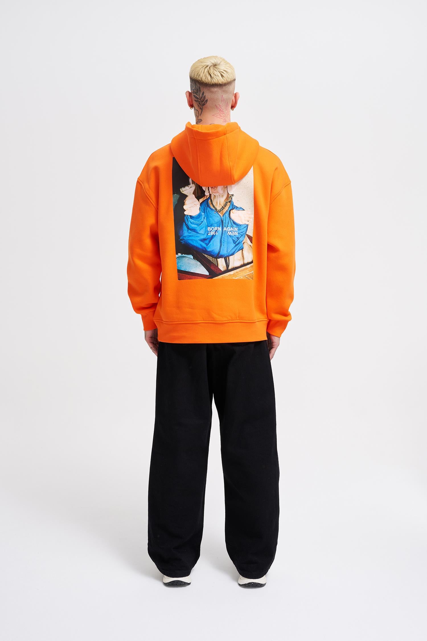Erkek Oversize Born Again Baskılı Kapüşonlu Sweatshirt Neon Turuncu