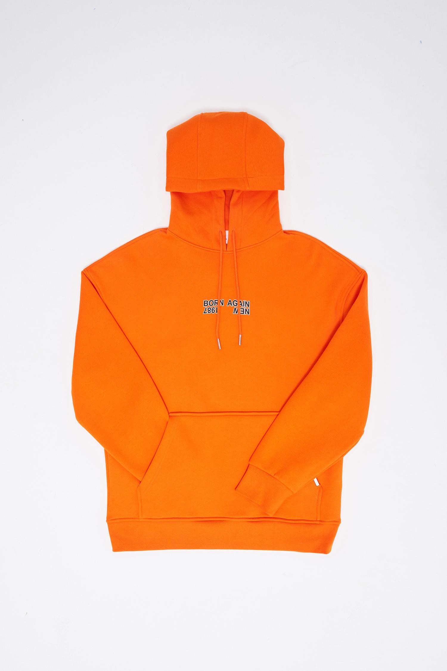Erkek Oversize Born Again Baskılı Kapüşonlu Sweatshirt Neon Turuncu