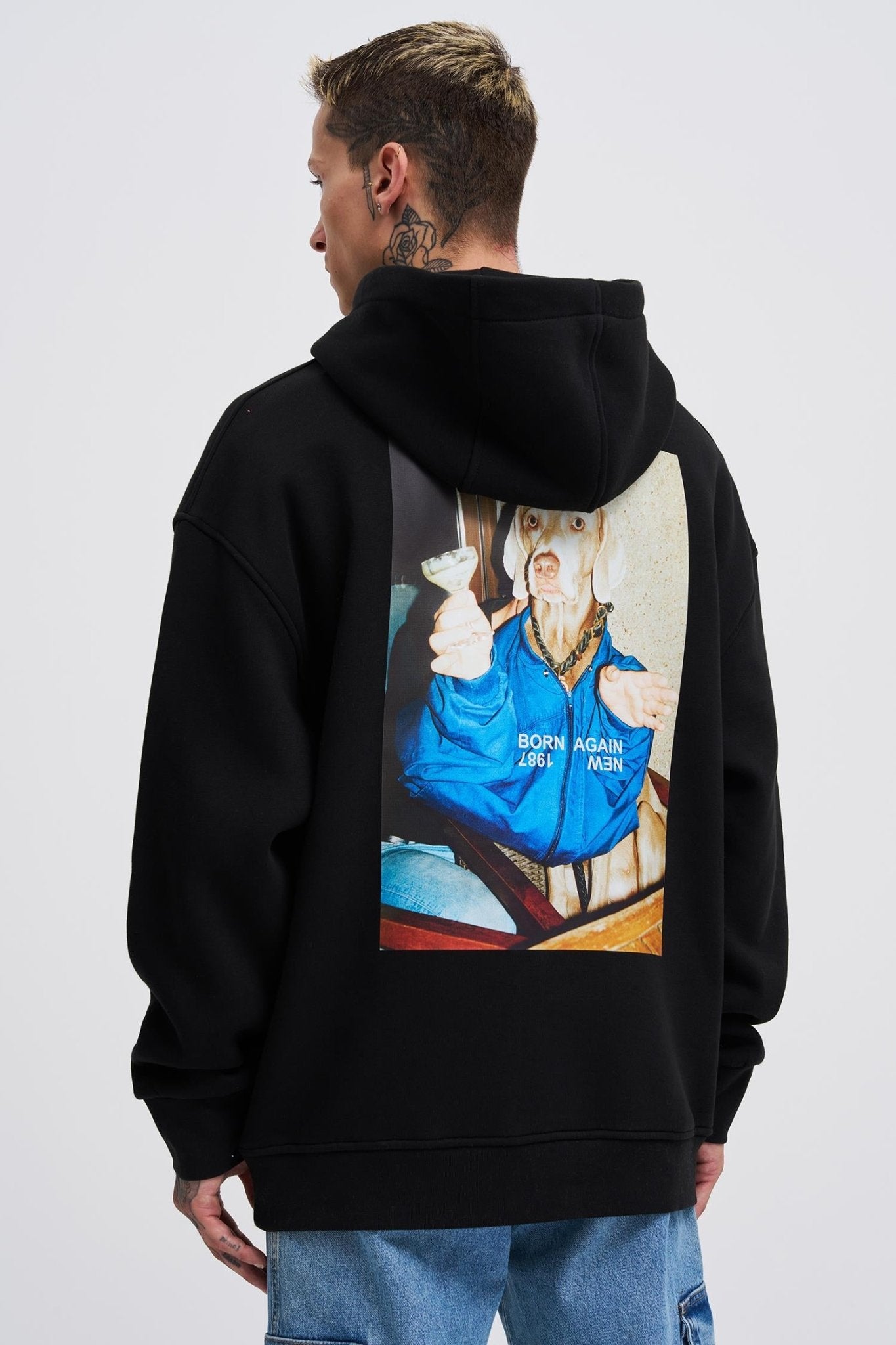 Erkek Oversize Born Again Baskılı Kapüşonlu Sweatshirt Siyah