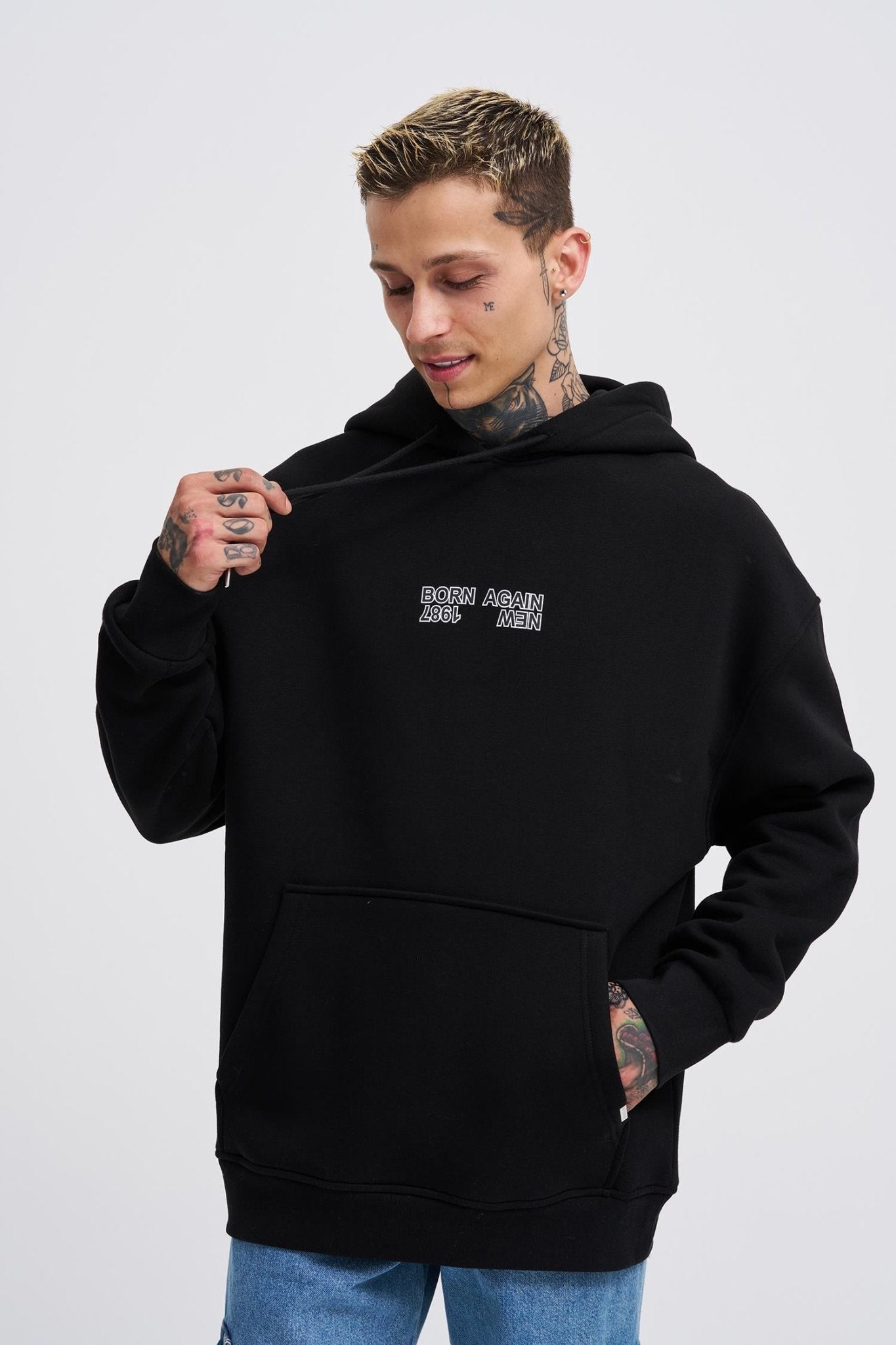 Erkek Oversize Born Again Baskılı Kapüşonlu Sweatshirt Siyah