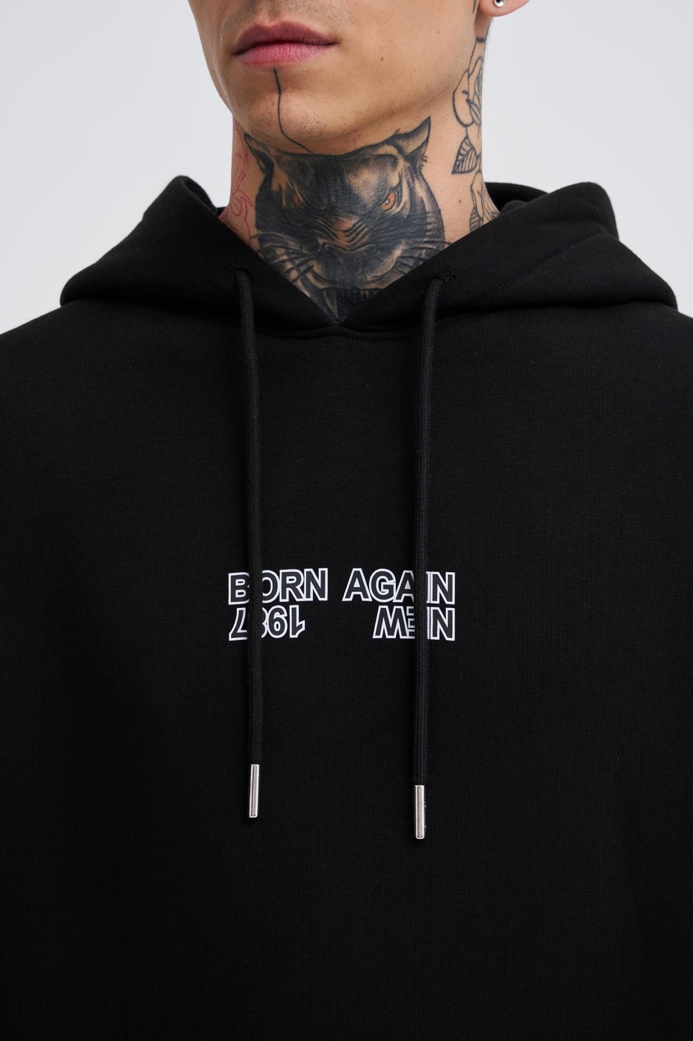 Erkek Oversize Born Again Baskılı Kapüşonlu Sweatshirt Siyah