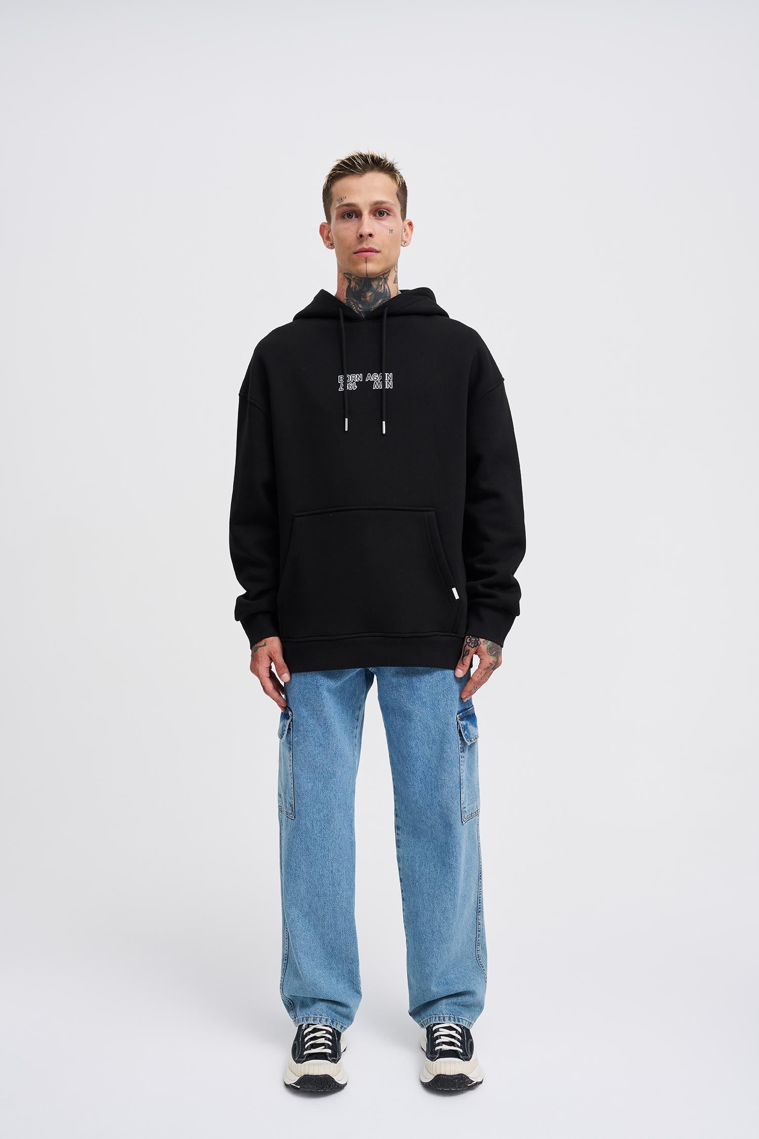 Erkek Oversize Born Again Baskılı Kapüşonlu Sweatshirt Siyah