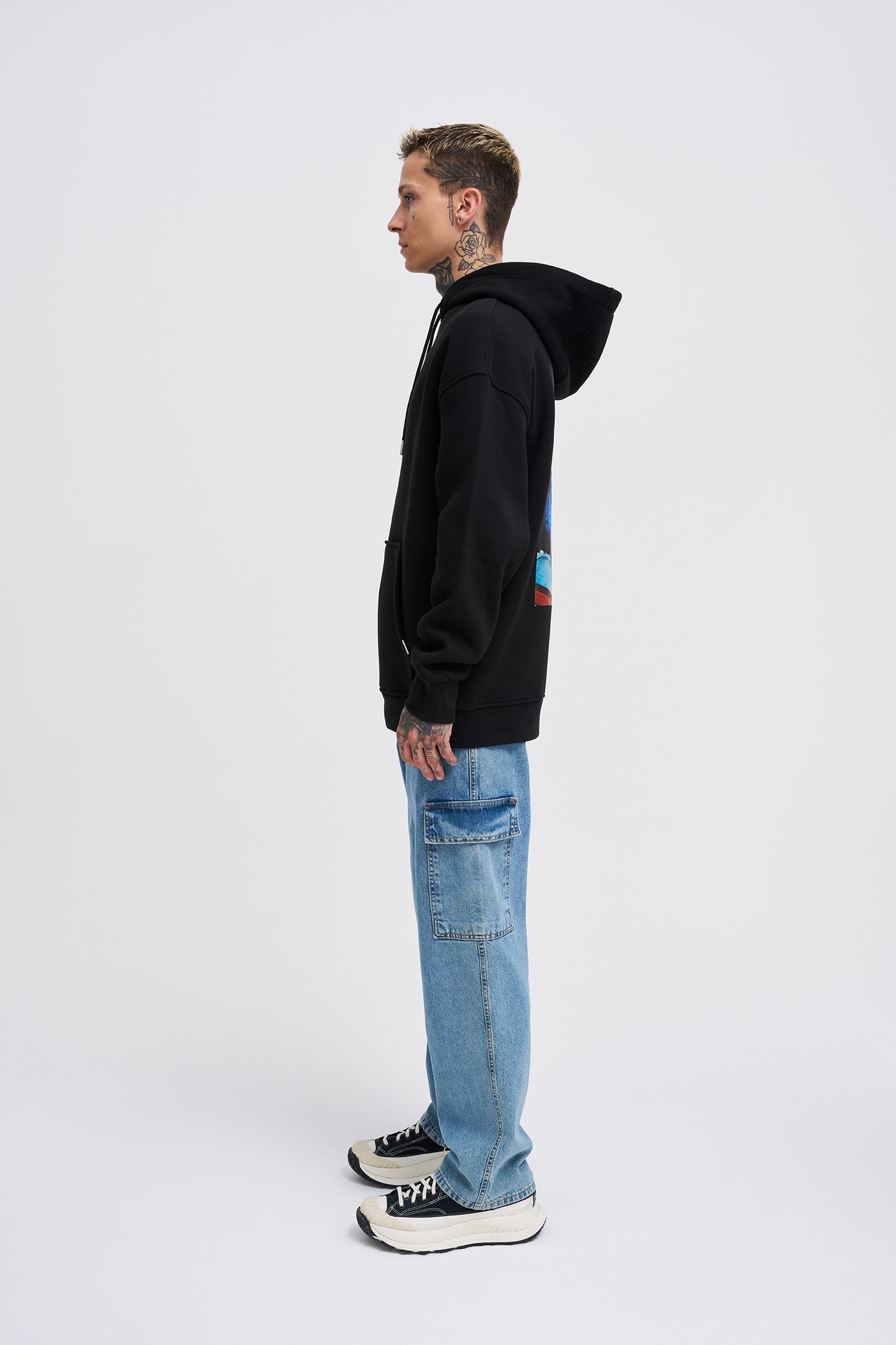 Erkek Oversize Born Again Baskılı Kapüşonlu Sweatshirt Siyah