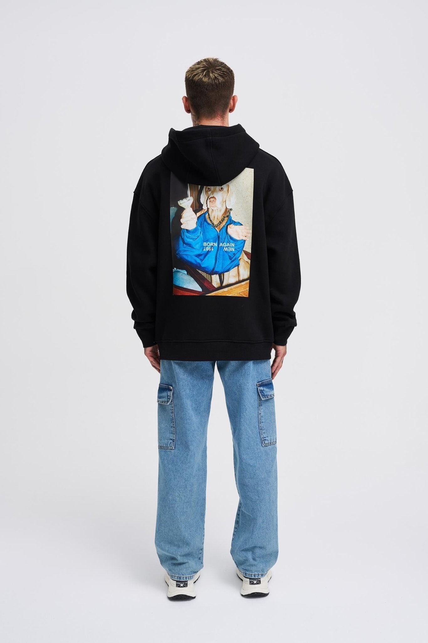 Erkek Oversize Born Again Baskılı Kapüşonlu Sweatshirt Siyah