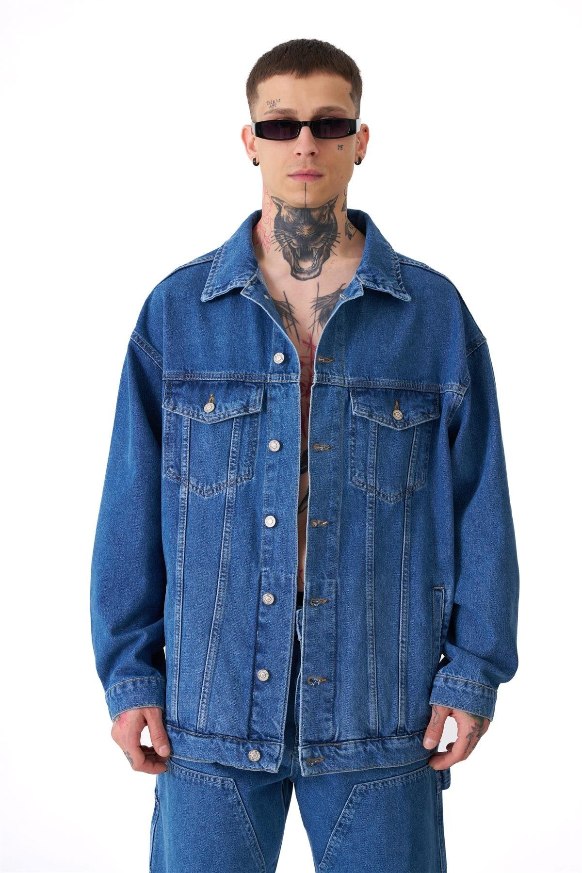 Erkek Oversize Cepli Yıkamalı Denim Ceket Koyu Mavi