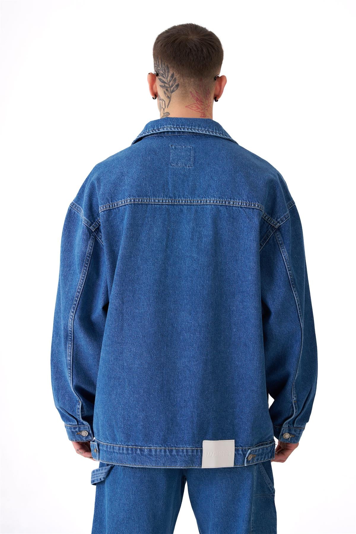 Erkek Oversize Cepli Yıkamalı Denim Ceket Koyu Mavi