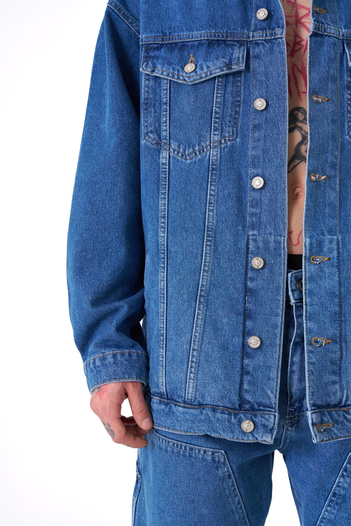 Erkek Oversize Cepli Yıkamalı Denim Ceket Koyu Mavi