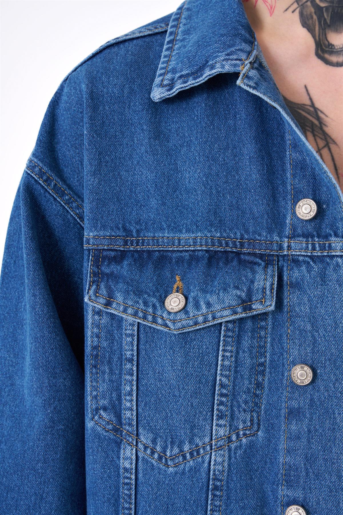 Erkek Oversize Cepli Yıkamalı Denim Ceket Koyu Mavi