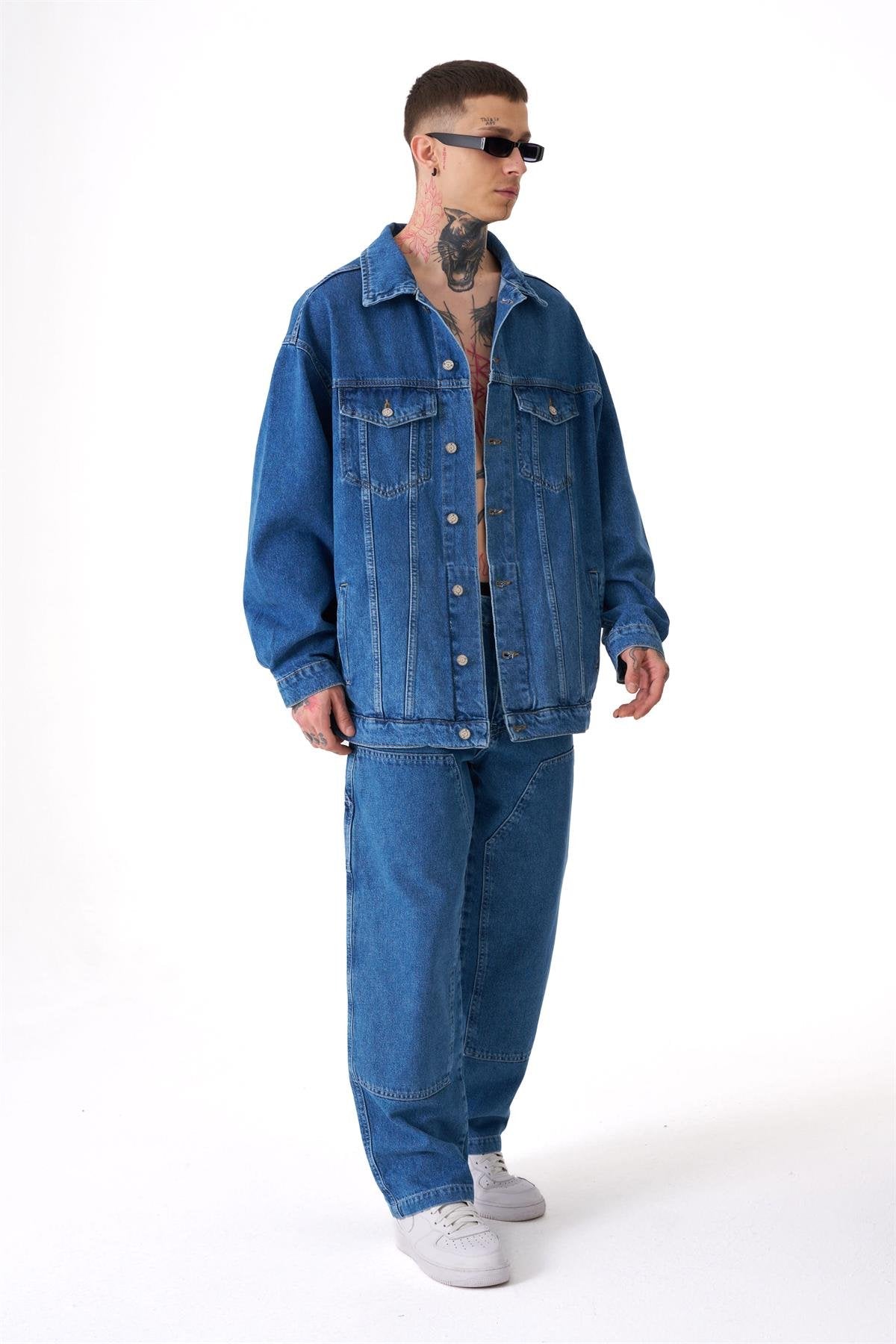 Erkek Oversize Cepli Yıkamalı Denim Ceket Koyu Mavi