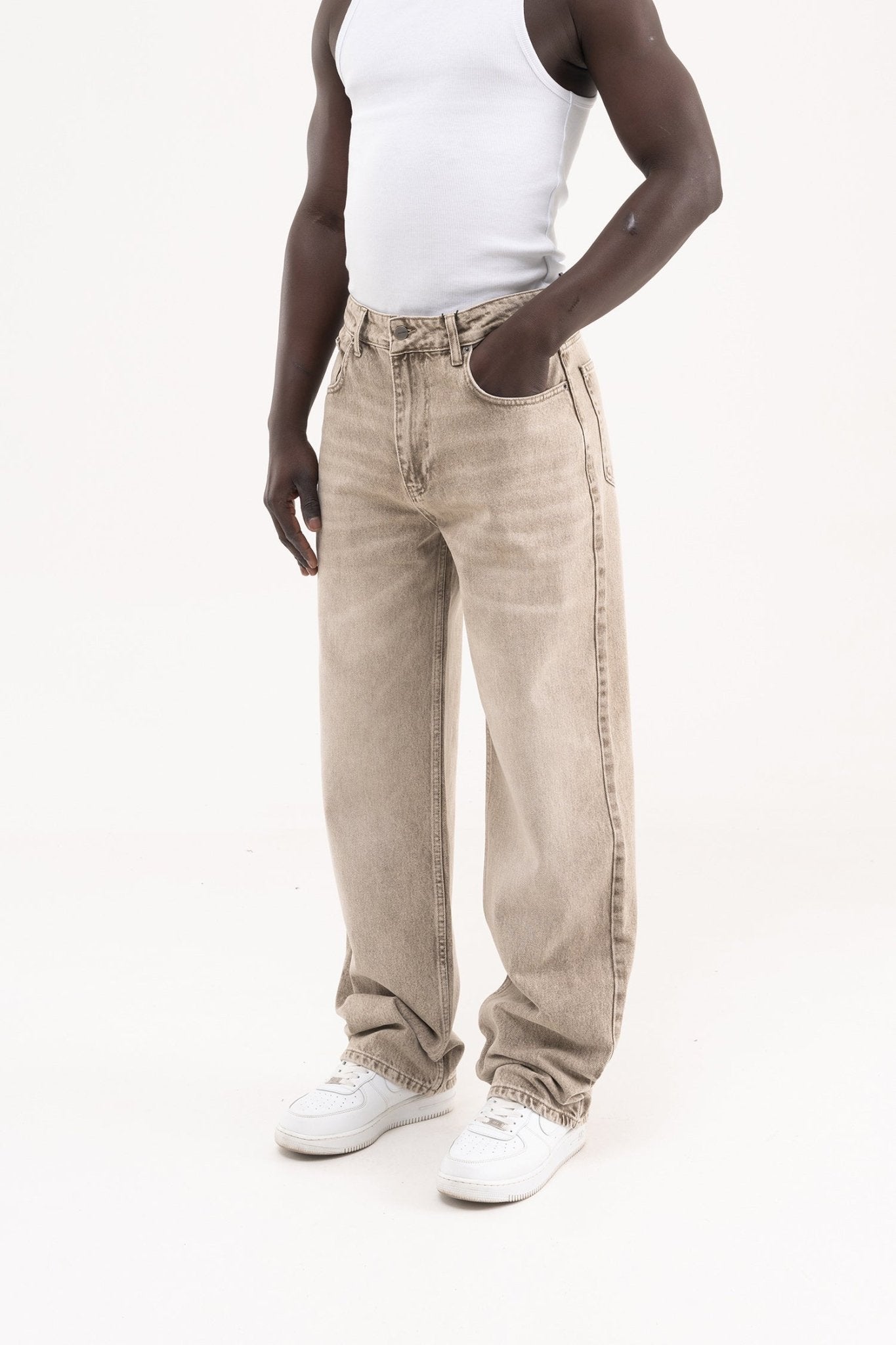 Erkek Oversize Efektli Baggy Jean Pantolon Açık Haki