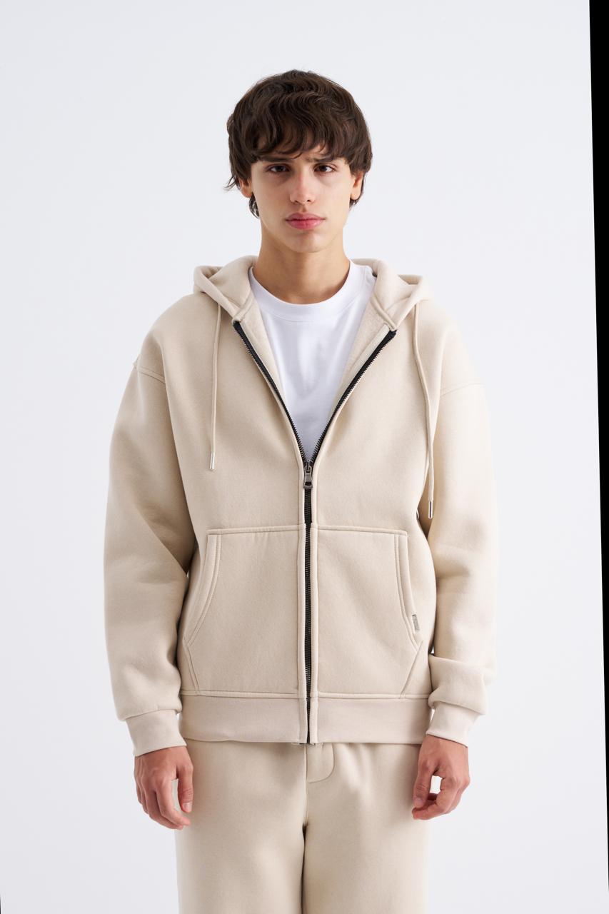 Erkek Oversize Fermuarlı Cepli Kapüşonlu Basic Sweatshirt Açık Bej