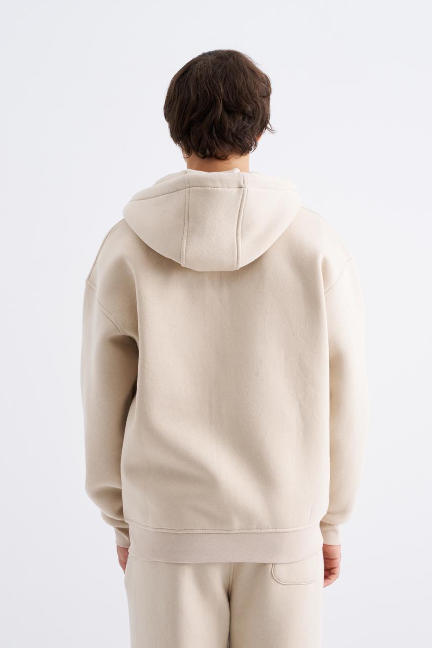 Erkek Oversize Fermuarlı Cepli Kapüşonlu Basic Sweatshirt Açık Bej