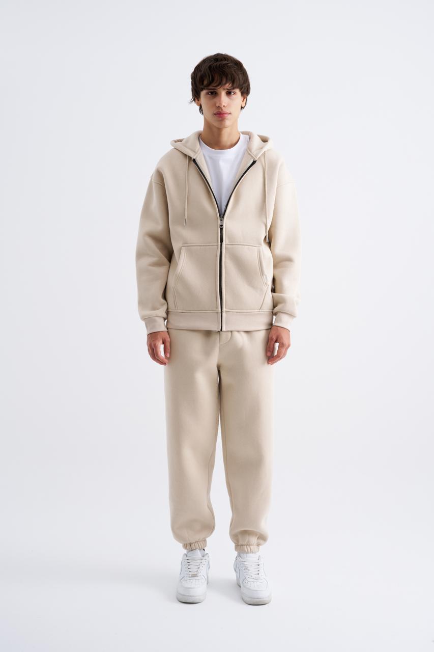 Erkek Oversize Fermuarlı Cepli Kapüşonlu Basic Sweatshirt Açık Bej