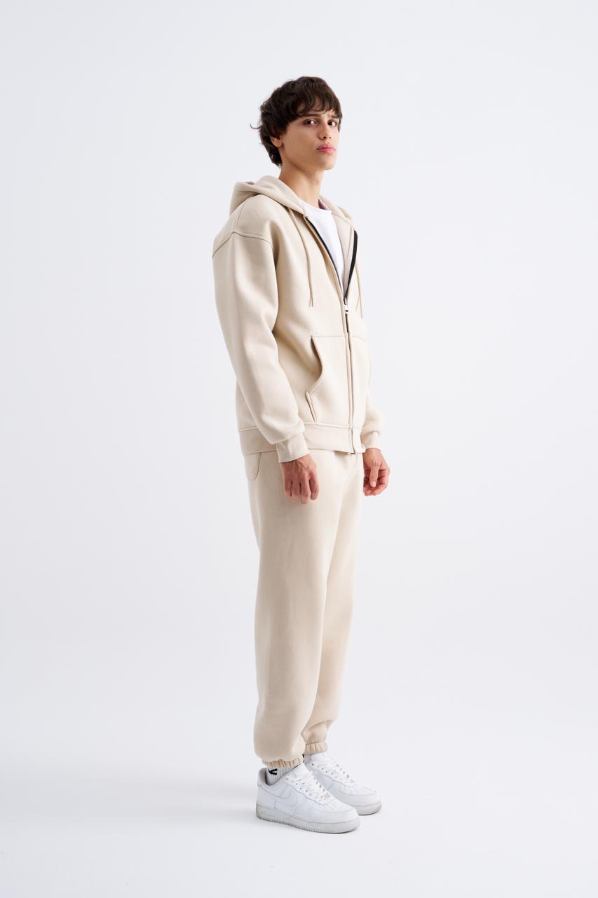 Erkek Oversize Fermuarlı Cepli Kapüşonlu Basic Sweatshirt Açık Bej