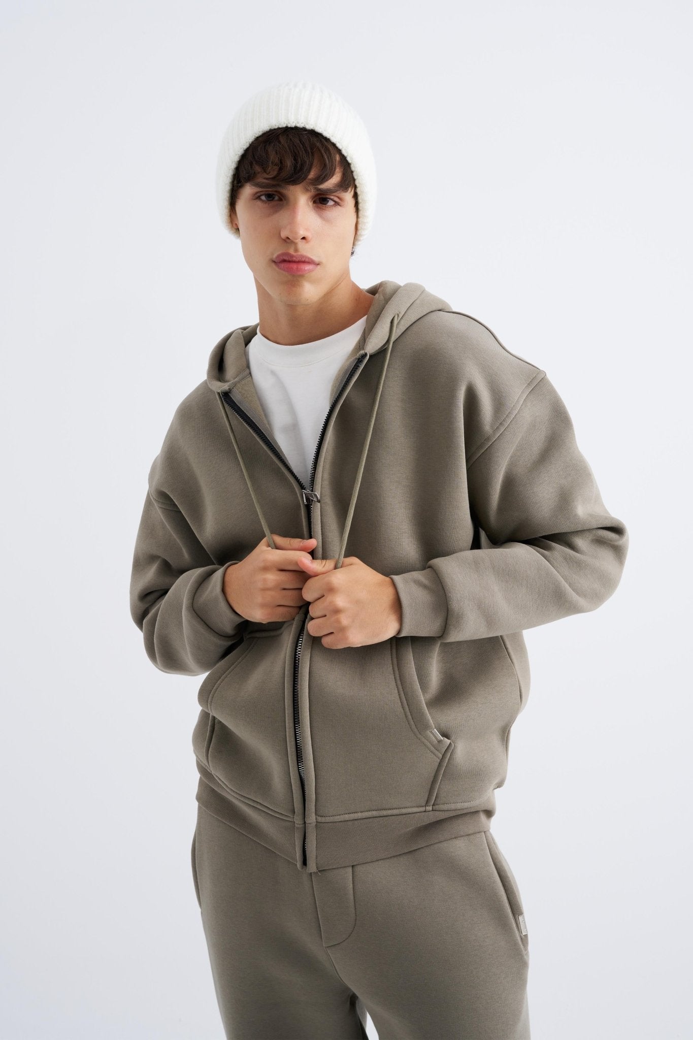 Erkek Oversize Fermuarlı Cepli Kapüşonlu Basic Sweatshirt Haki