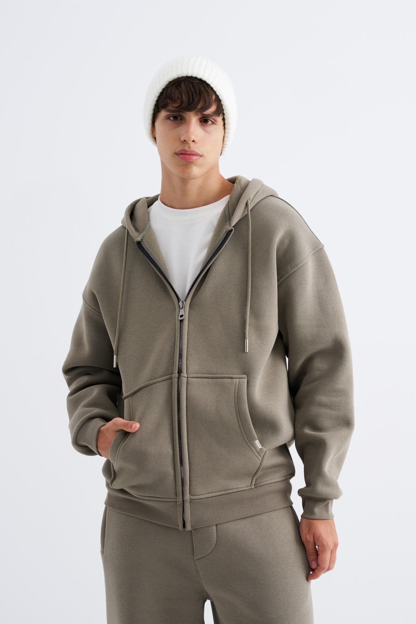 Erkek Oversize Fermuarlı Cepli Kapüşonlu Basic Sweatshirt Haki