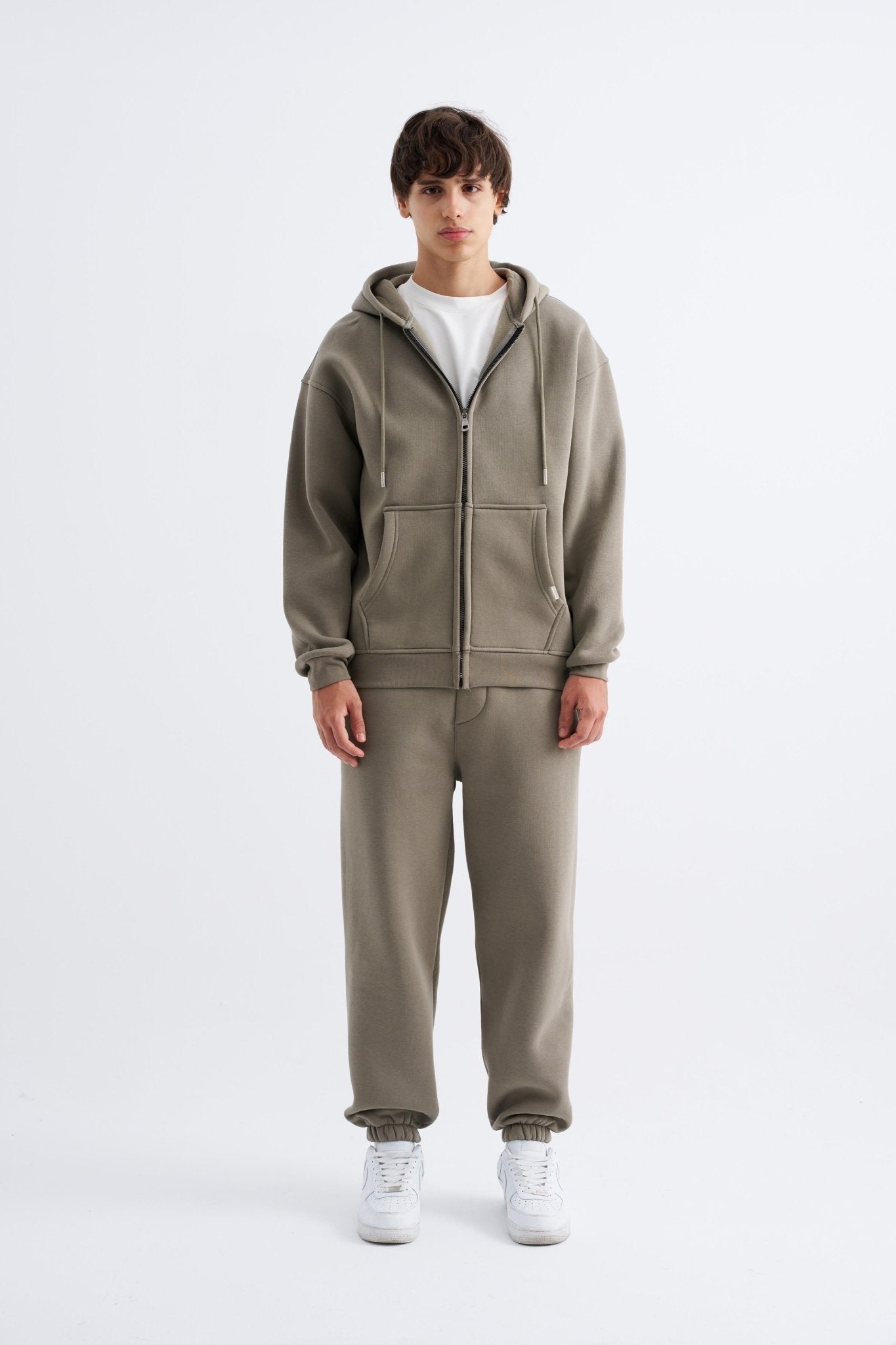 Erkek Oversize Fermuarlı Cepli Kapüşonlu Basic Sweatshirt Haki
