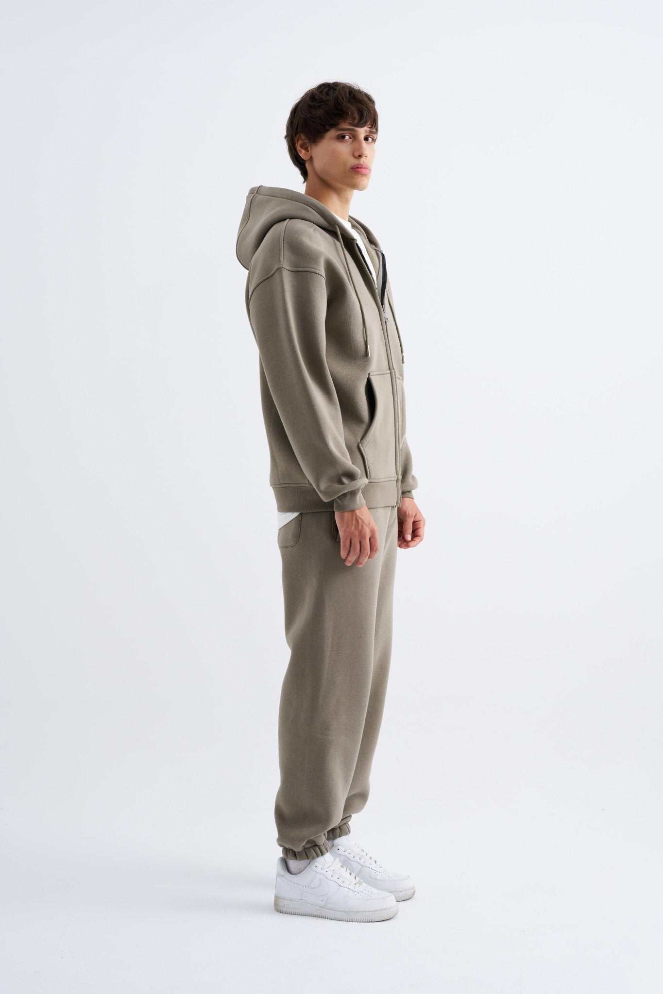 Erkek Oversize Fermuarlı Cepli Kapüşonlu Basic Sweatshirt Haki