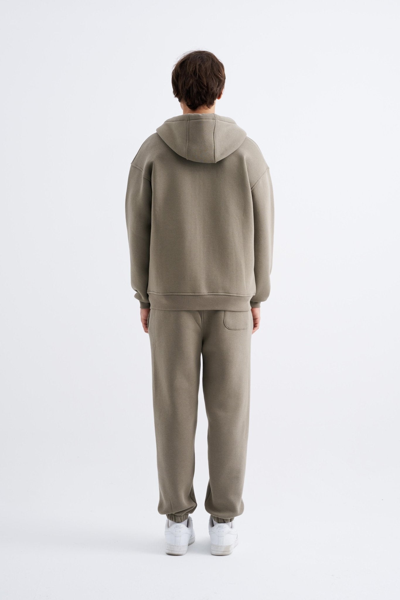 Erkek Oversize Fermuarlı Cepli Kapüşonlu Basic Sweatshirt Haki
