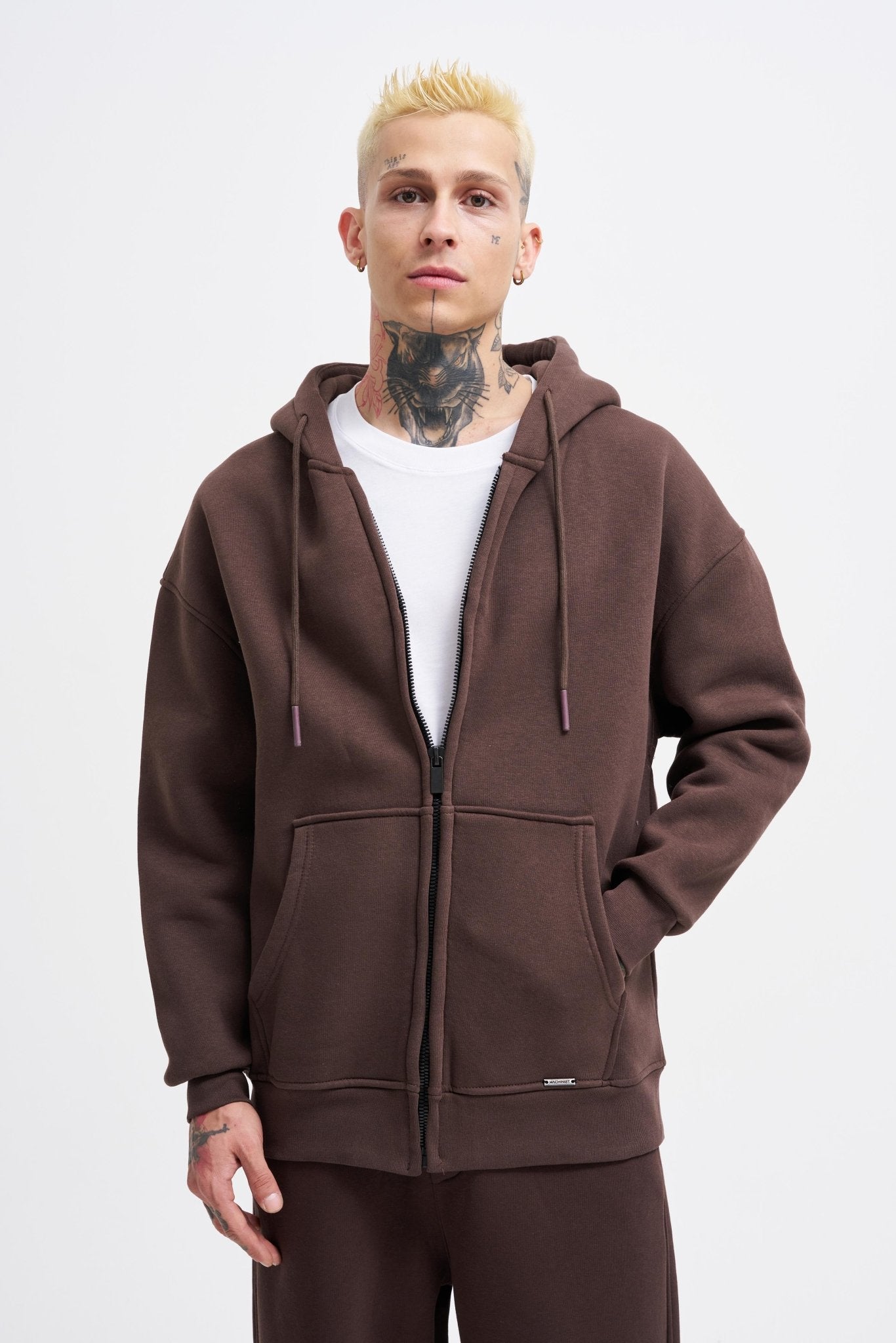 Erkek Oversize Fermuarlı Cepli Kapüşonlu Basic Sweatshirt Kahverengi