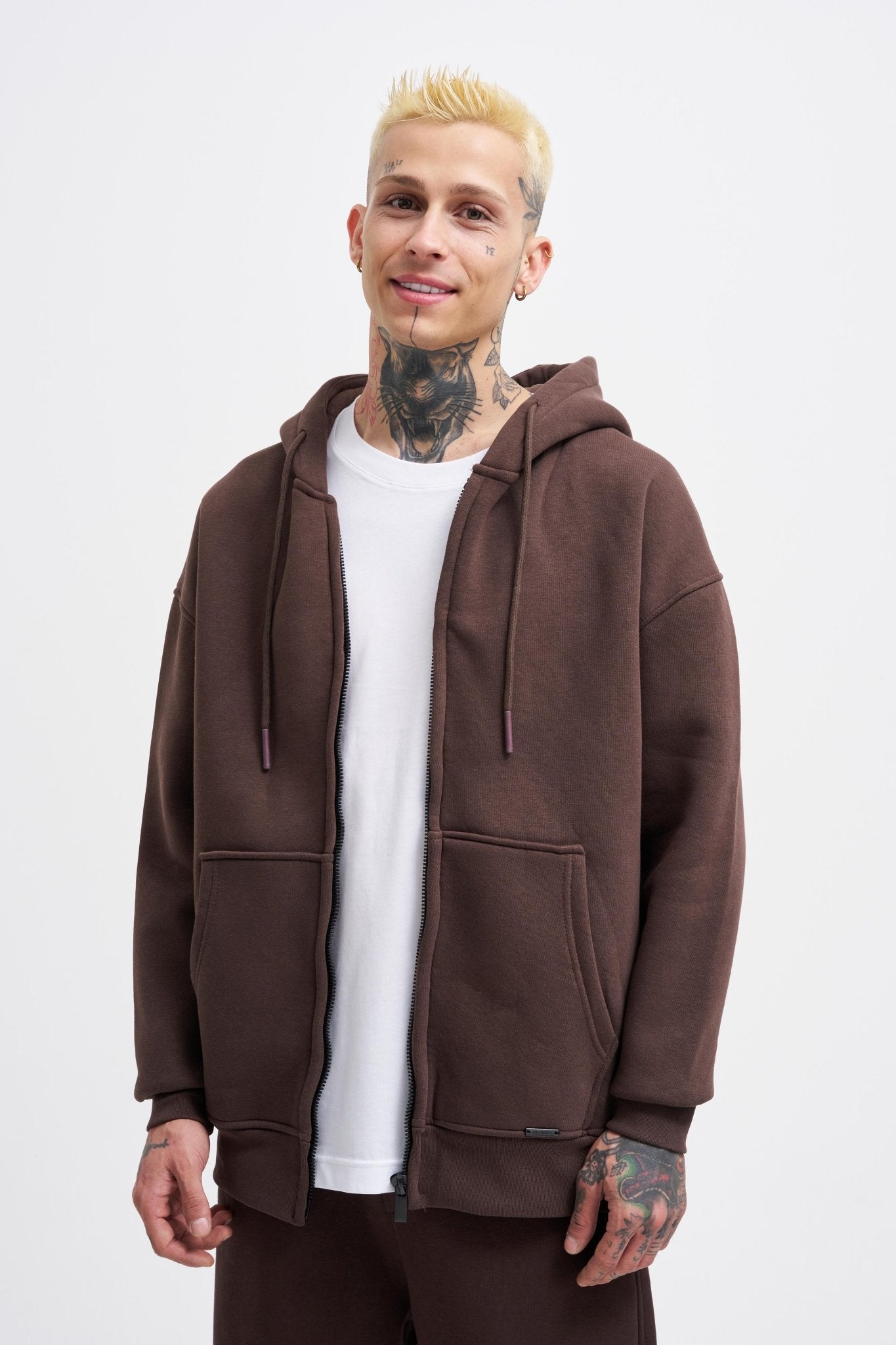 Erkek Oversize Fermuarlı Cepli Kapüşonlu Basic Sweatshirt Kahverengi