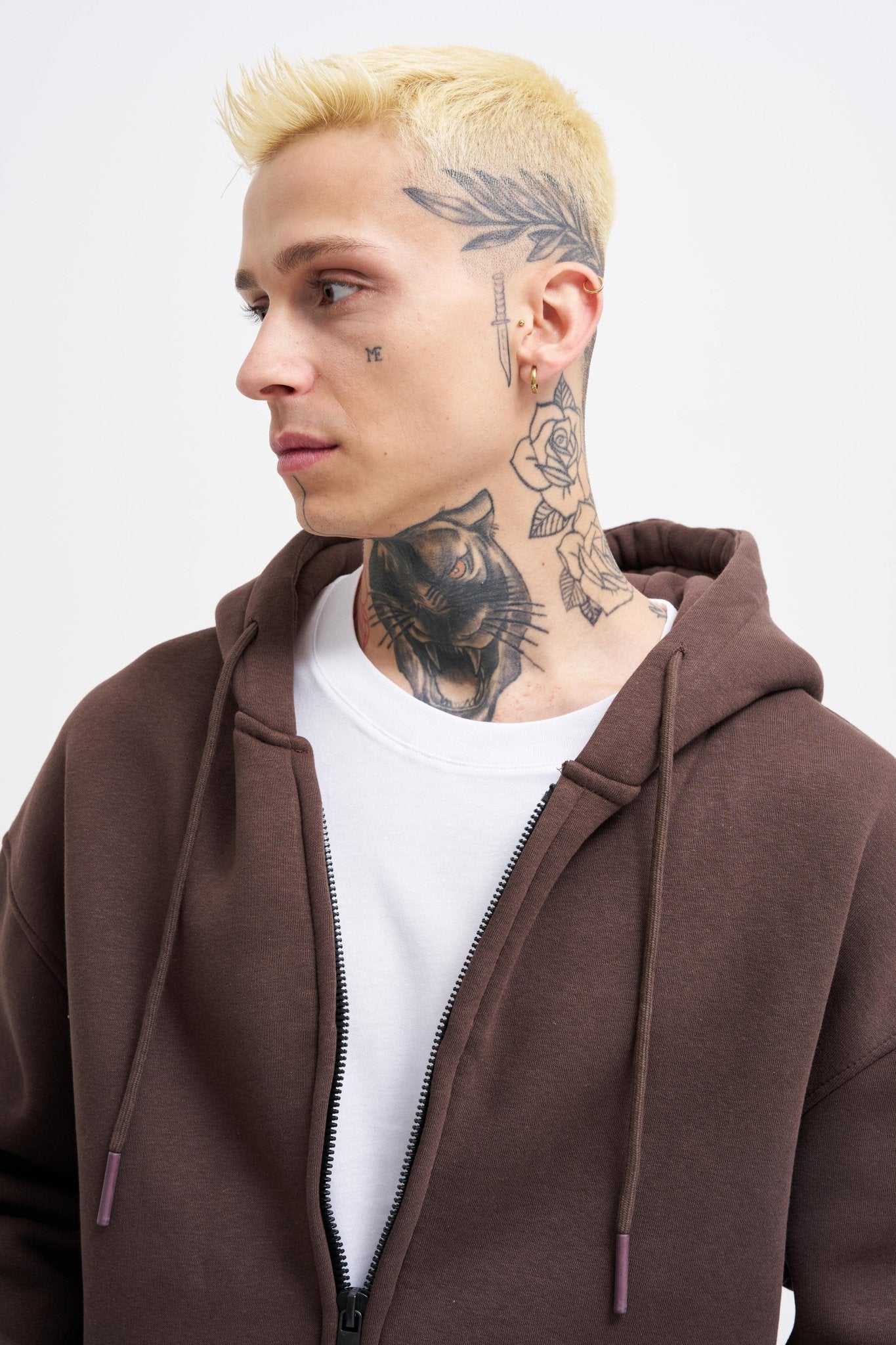 Erkek Oversize Fermuarlı Cepli Kapüşonlu Basic Sweatshirt Kahverengi