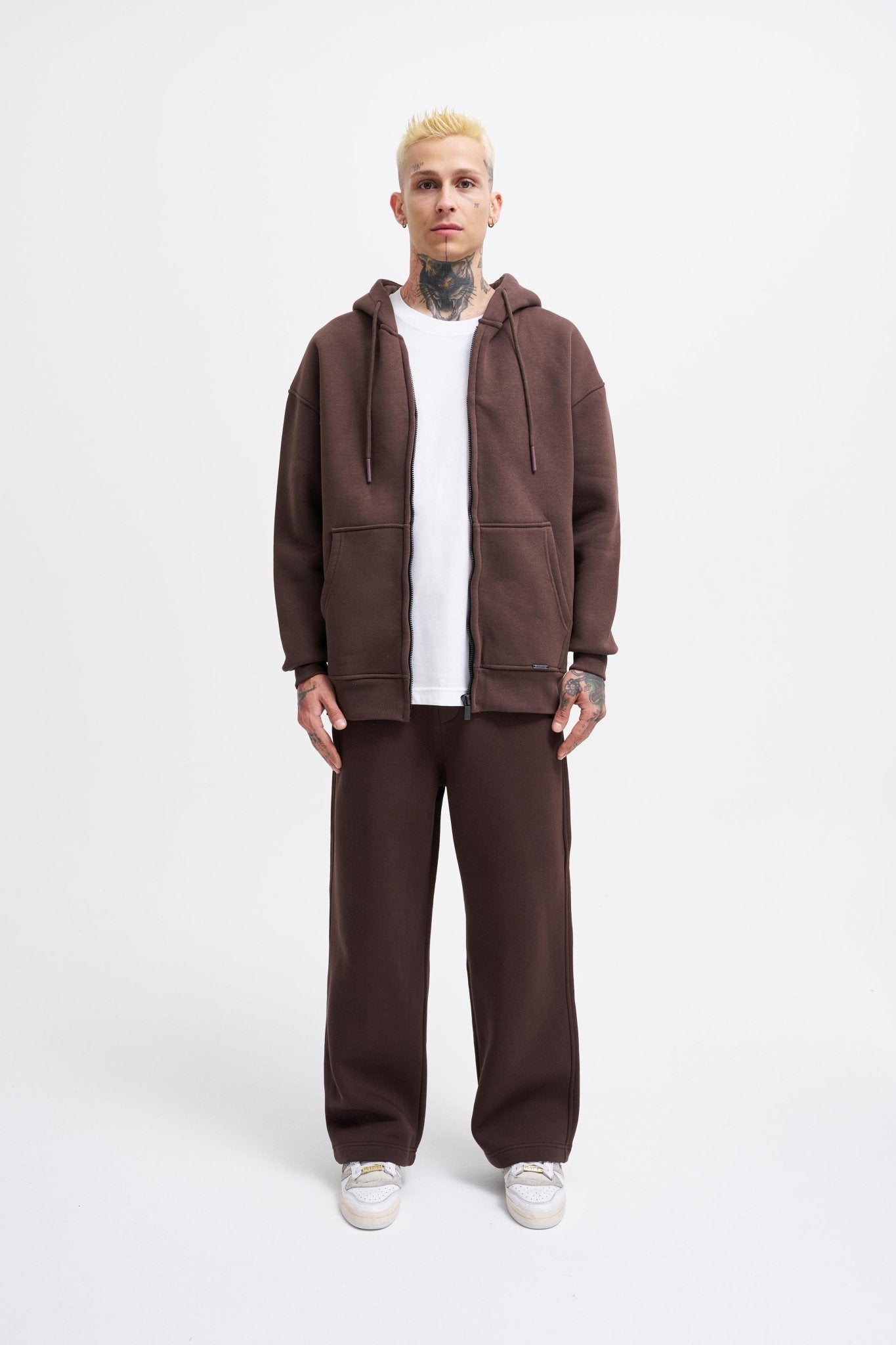 Erkek Oversize Fermuarlı Cepli Kapüşonlu Basic Sweatshirt Kahverengi