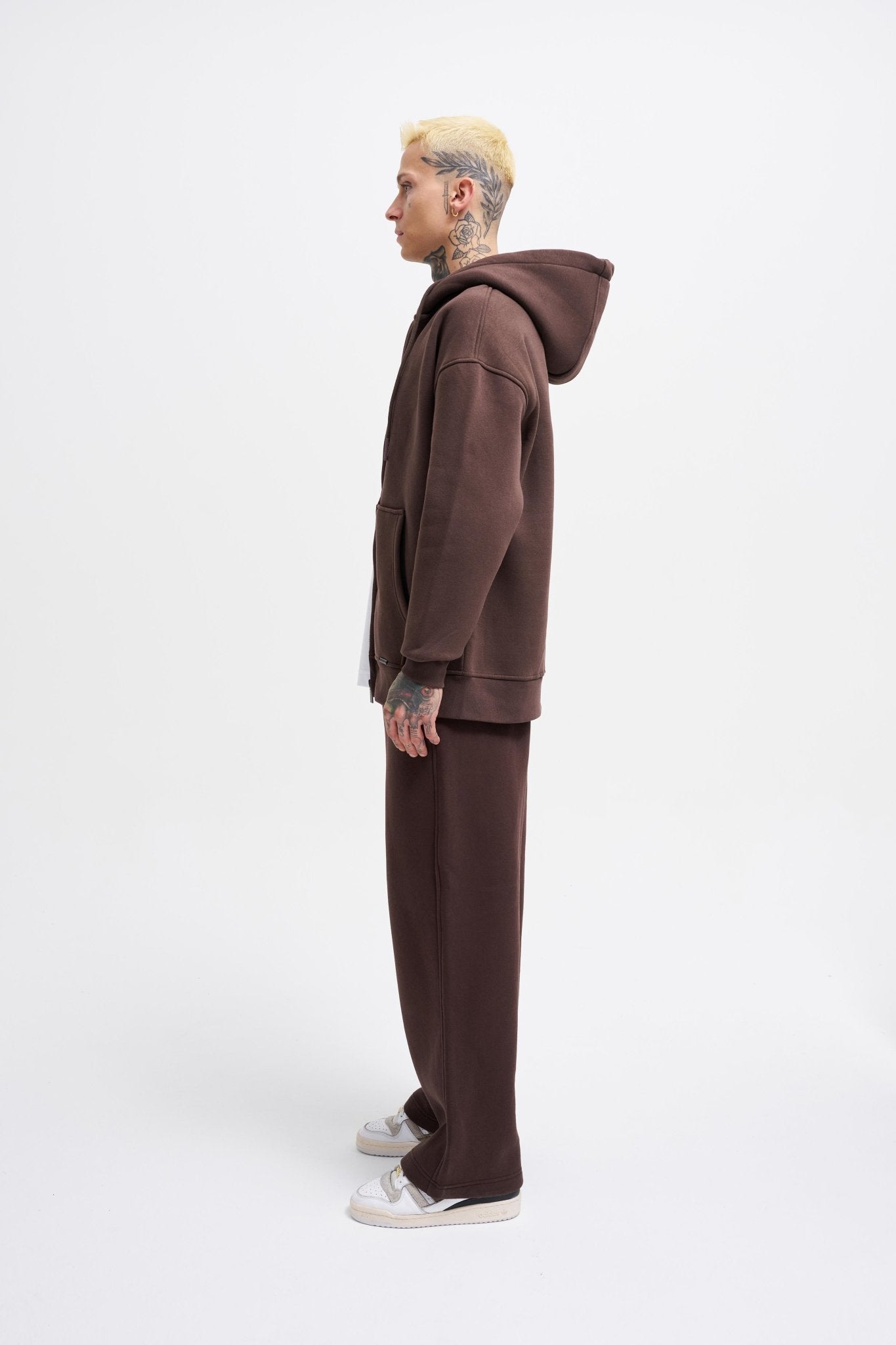 Erkek Oversize Fermuarlı Cepli Kapüşonlu Basic Sweatshirt Kahverengi