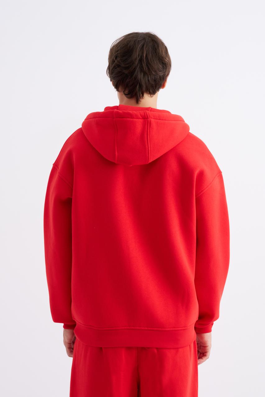 Erkek Oversize Fermuarlı Cepli Kapüşonlu Basic Sweatshirt Kırmızı