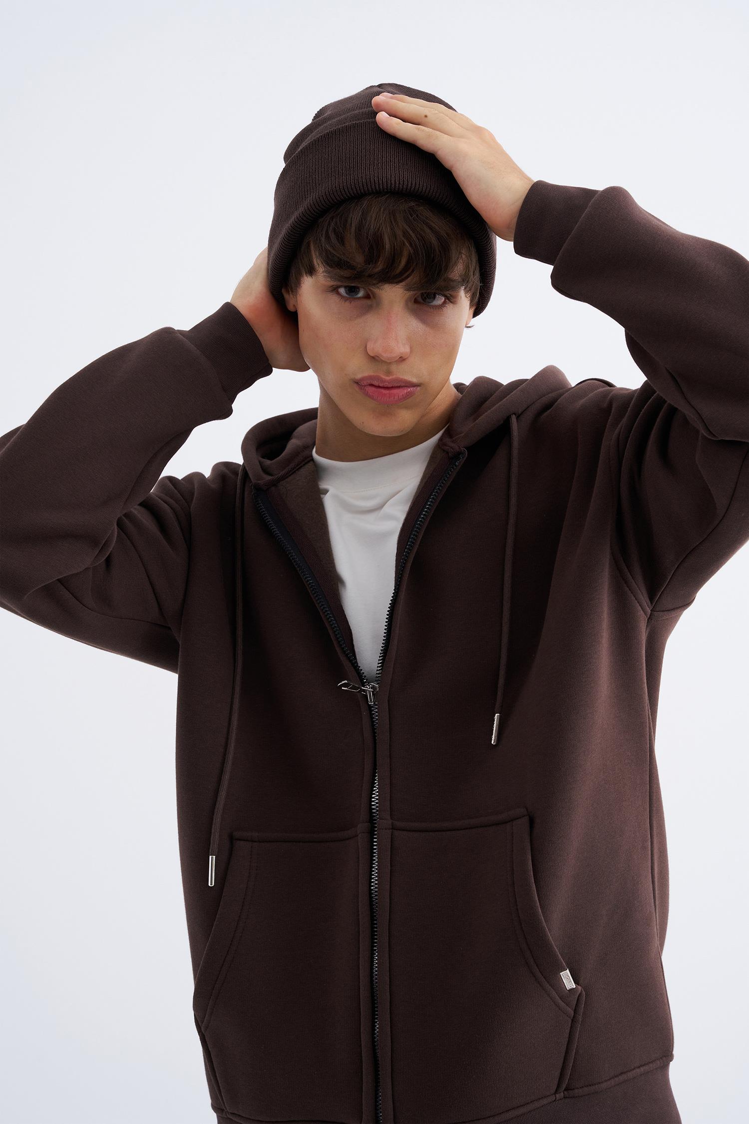 Erkek Oversize Fermuarlı Cepli Kapüşonlu Basic Sweatshirt Koyu Kahverengi