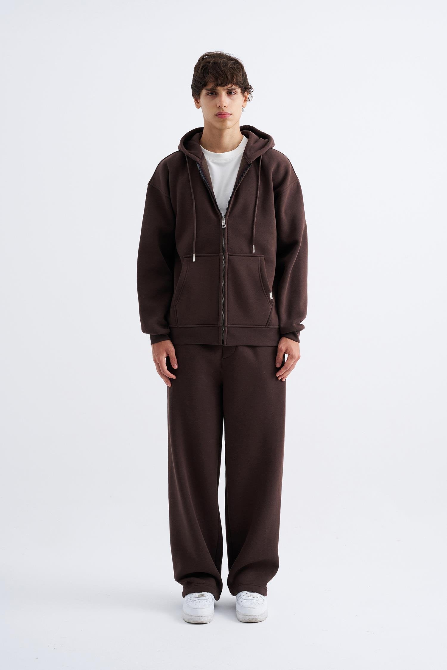 Erkek Oversize Fermuarlı Cepli Kapüşonlu Basic Sweatshirt Koyu Kahverengi