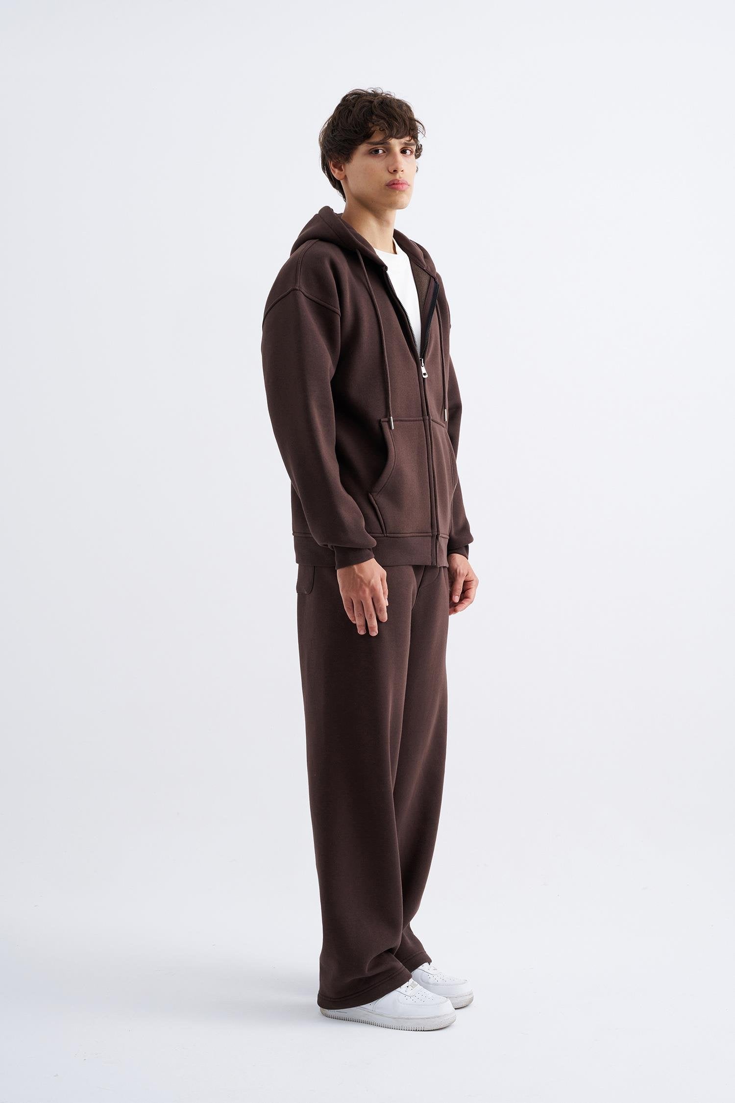 Erkek Oversize Fermuarlı Cepli Kapüşonlu Basic Sweatshirt Koyu Kahverengi