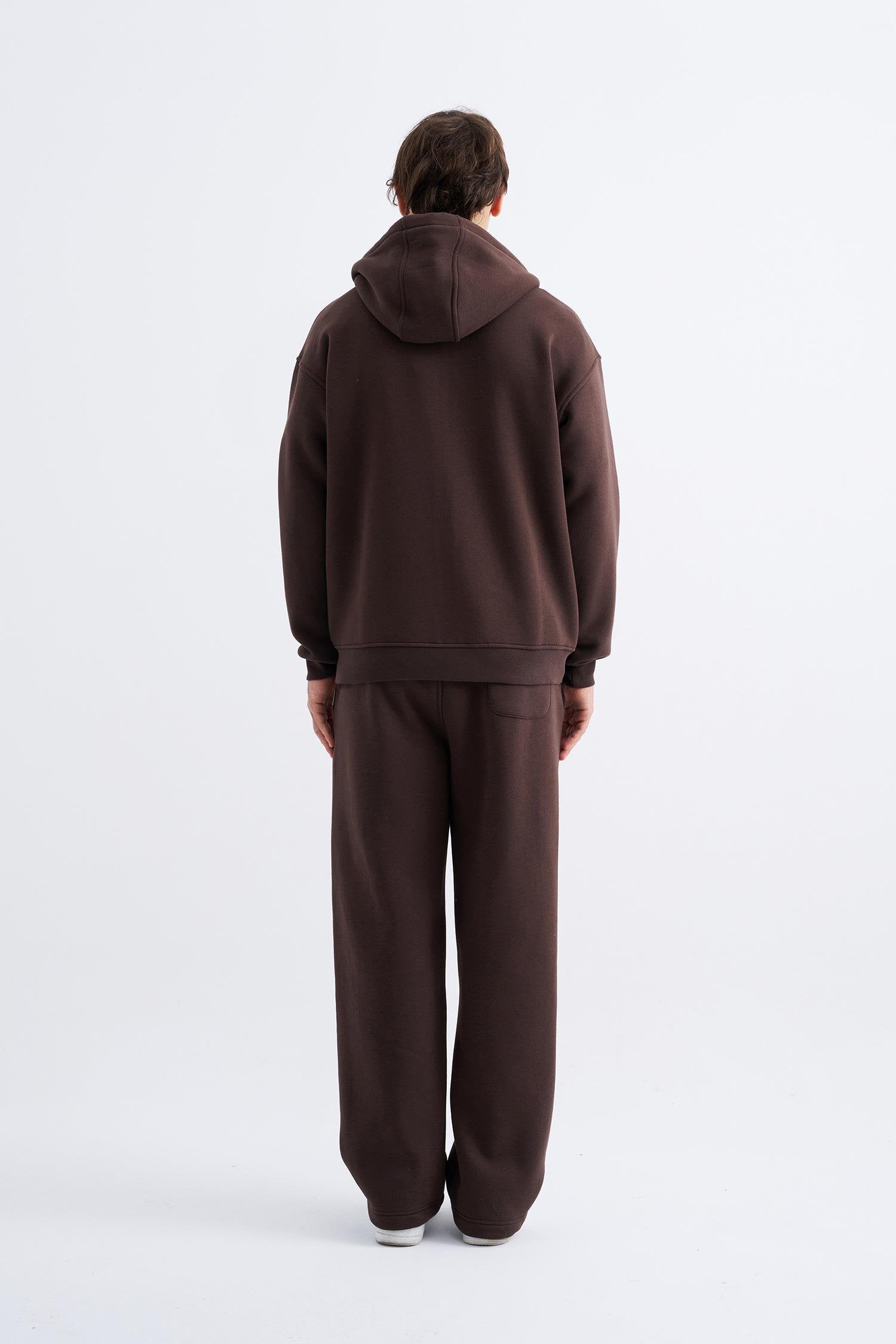 Erkek Oversize Fermuarlı Cepli Kapüşonlu Basic Sweatshirt Koyu Kahverengi