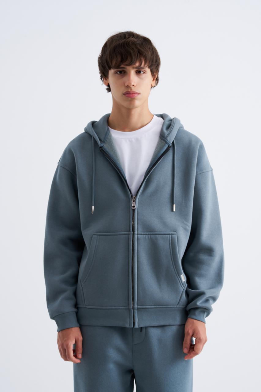 Erkek Oversize Fermuarlı Cepli Kapüşonlu Basic Sweatshirt Mavi - Duman