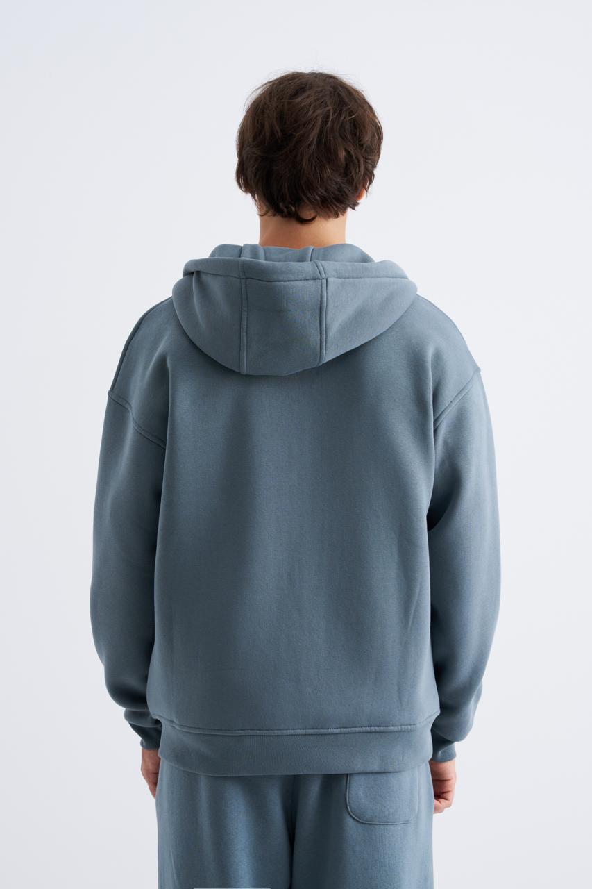 Erkek Oversize Fermuarlı Cepli Kapüşonlu Basic Sweatshirt Mavi - Duman