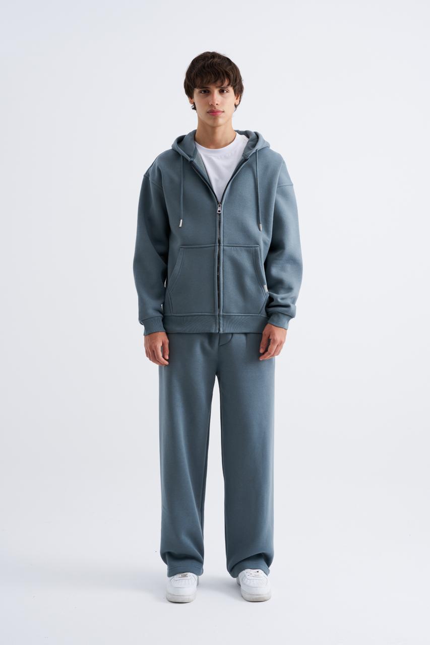 Erkek Oversize Fermuarlı Cepli Kapüşonlu Basic Sweatshirt Mavi - Duman