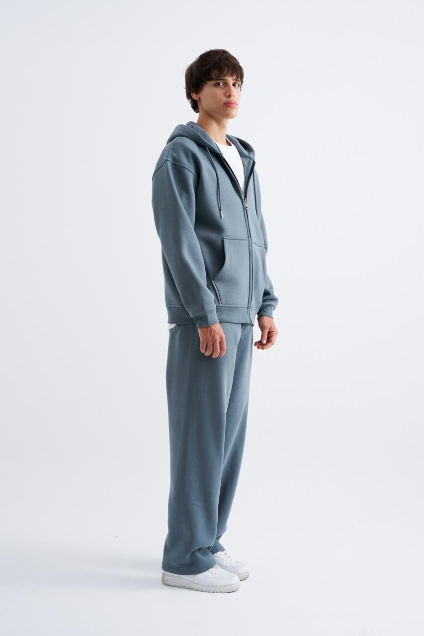 Erkek Oversize Fermuarlı Cepli Kapüşonlu Basic Sweatshirt Mavi - Duman