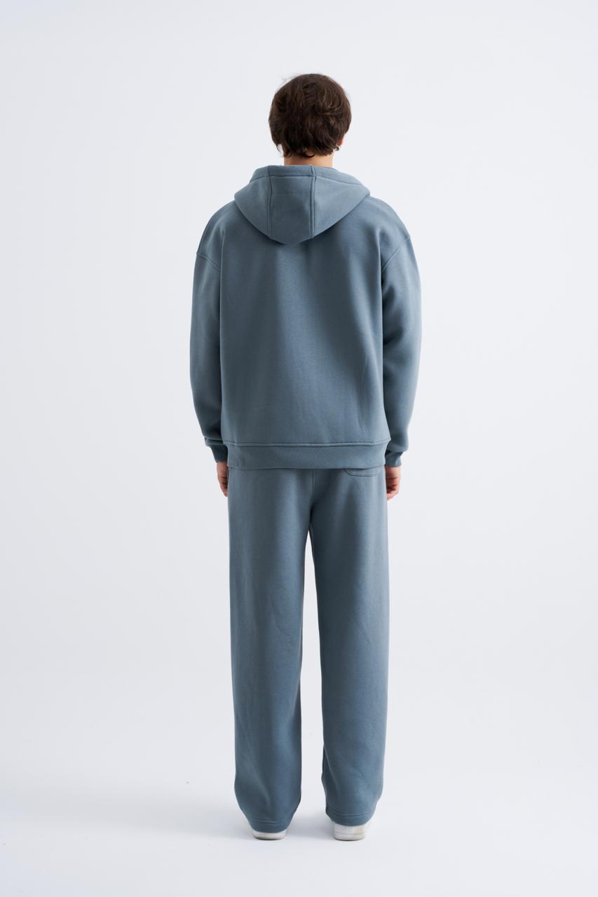 Erkek Oversize Fermuarlı Cepli Kapüşonlu Basic Sweatshirt Mavi - Duman