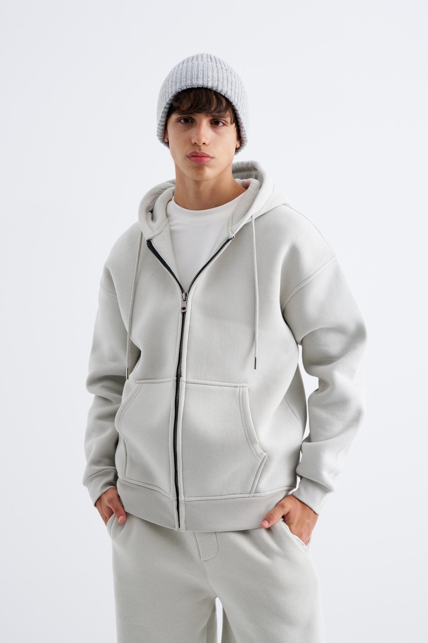 Erkek Oversize Fermuarlı Cepli Kapüşonlu Basic Sweatshirt Uzay Grisi