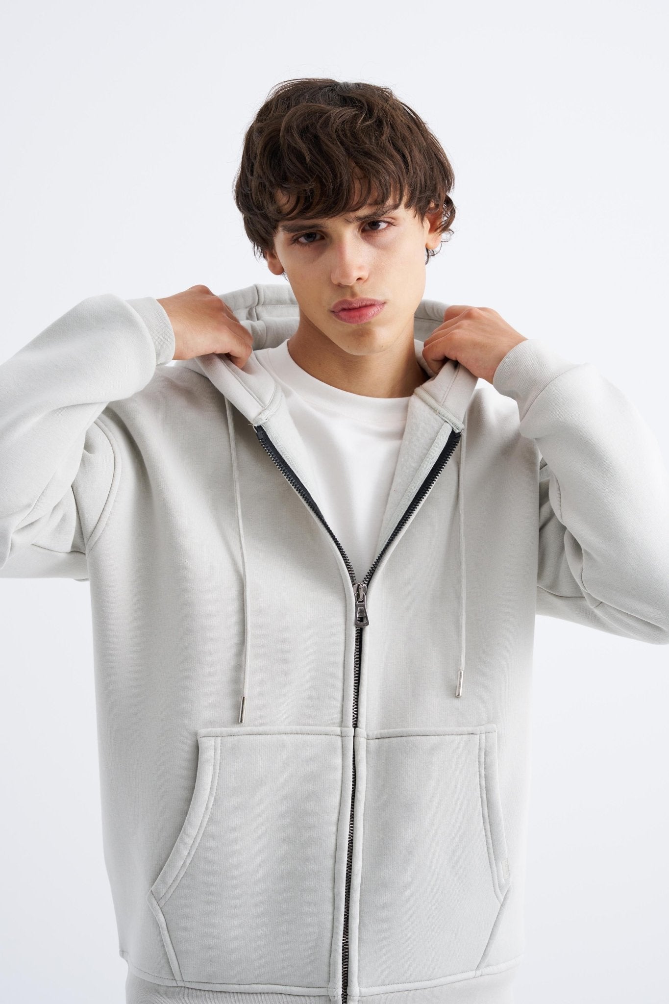 Erkek Oversize Fermuarlı Cepli Kapüşonlu Basic Sweatshirt Uzay Grisi
