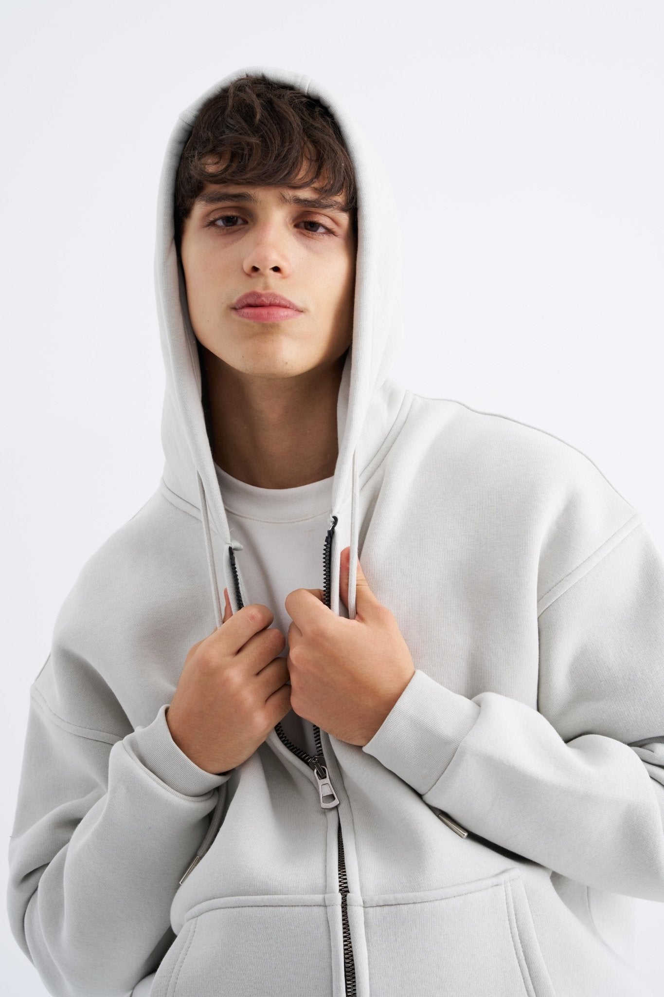 Erkek Oversize Fermuarlı Cepli Kapüşonlu Basic Sweatshirt Uzay Grisi