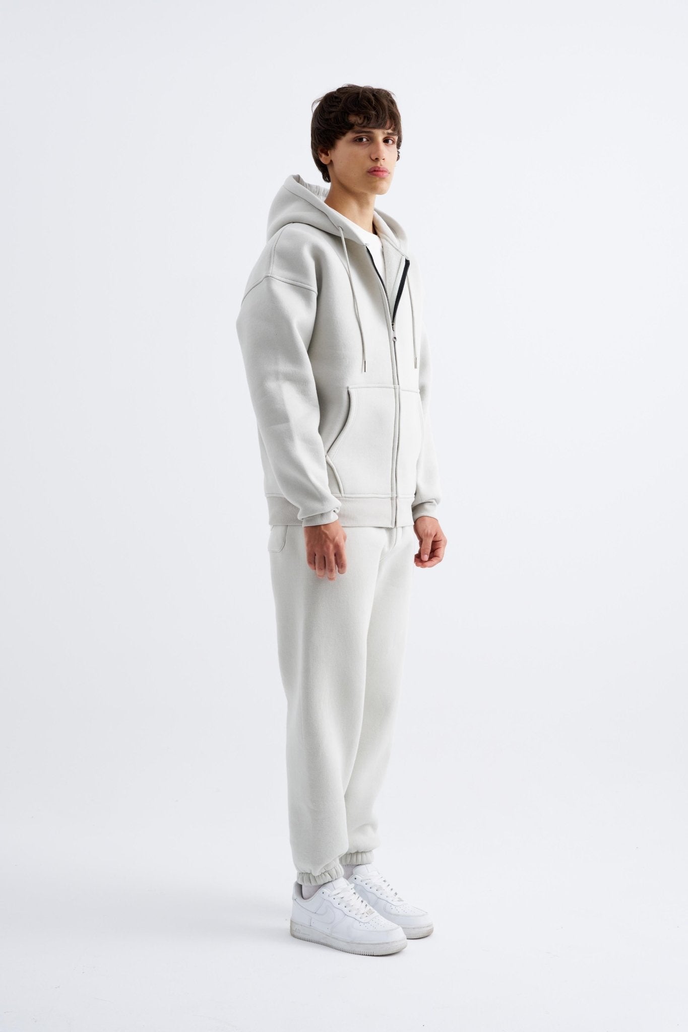 Erkek Oversize Fermuarlı Cepli Kapüşonlu Basic Sweatshirt Uzay Grisi