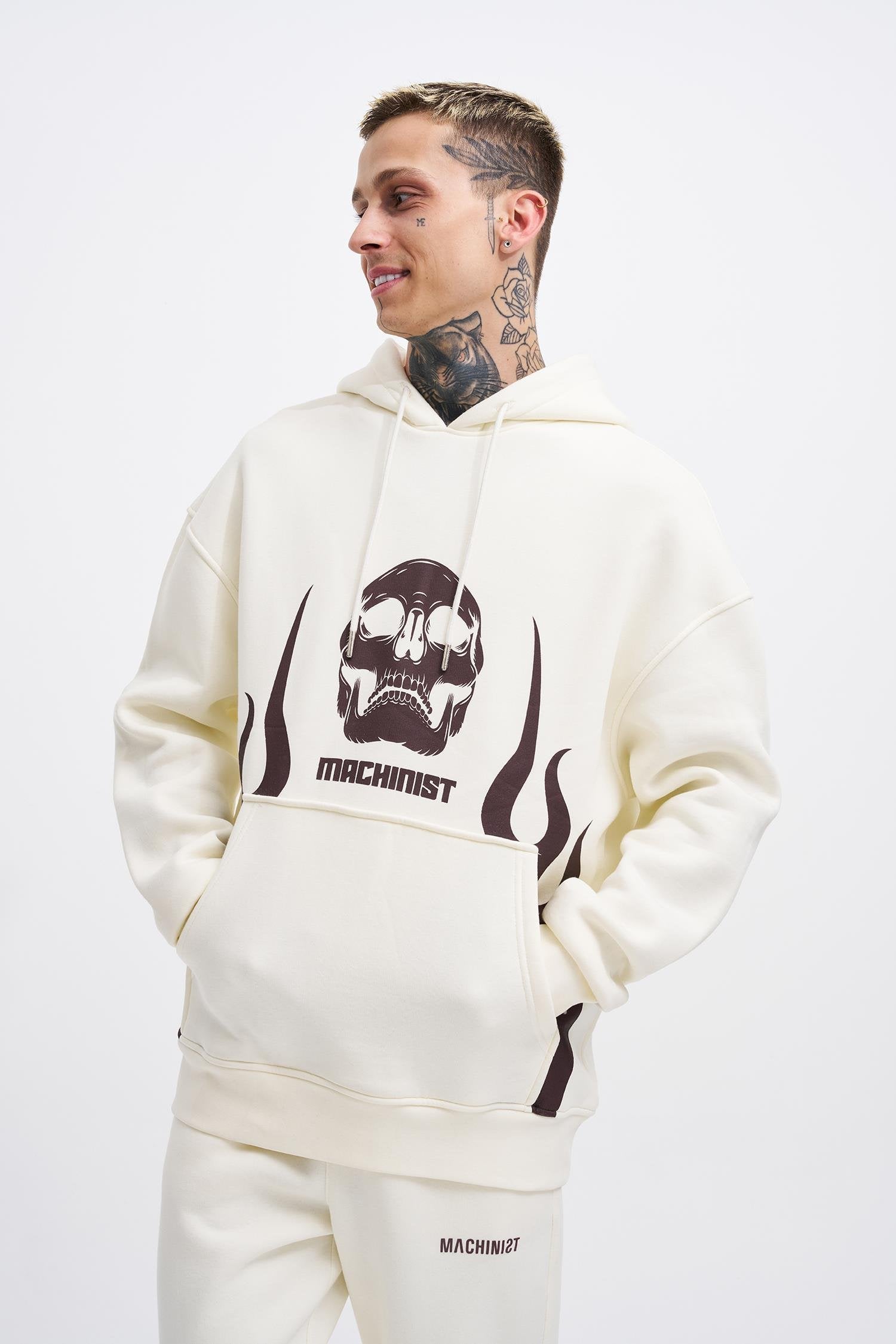 Erkek Oversize Fire Baskılı Sweatshirt Ekru