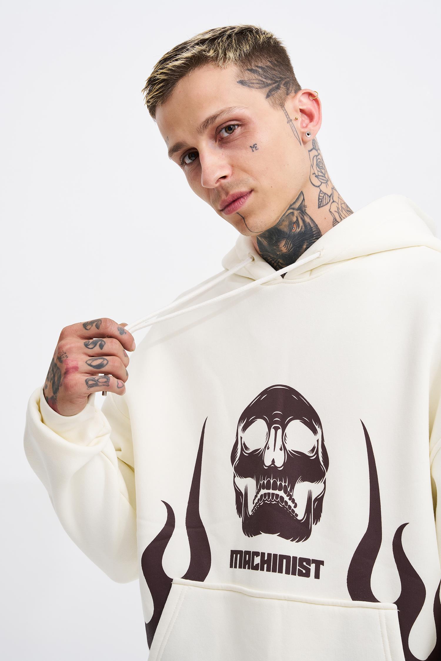 Erkek Oversize Fire Baskılı Sweatshirt Ekru
