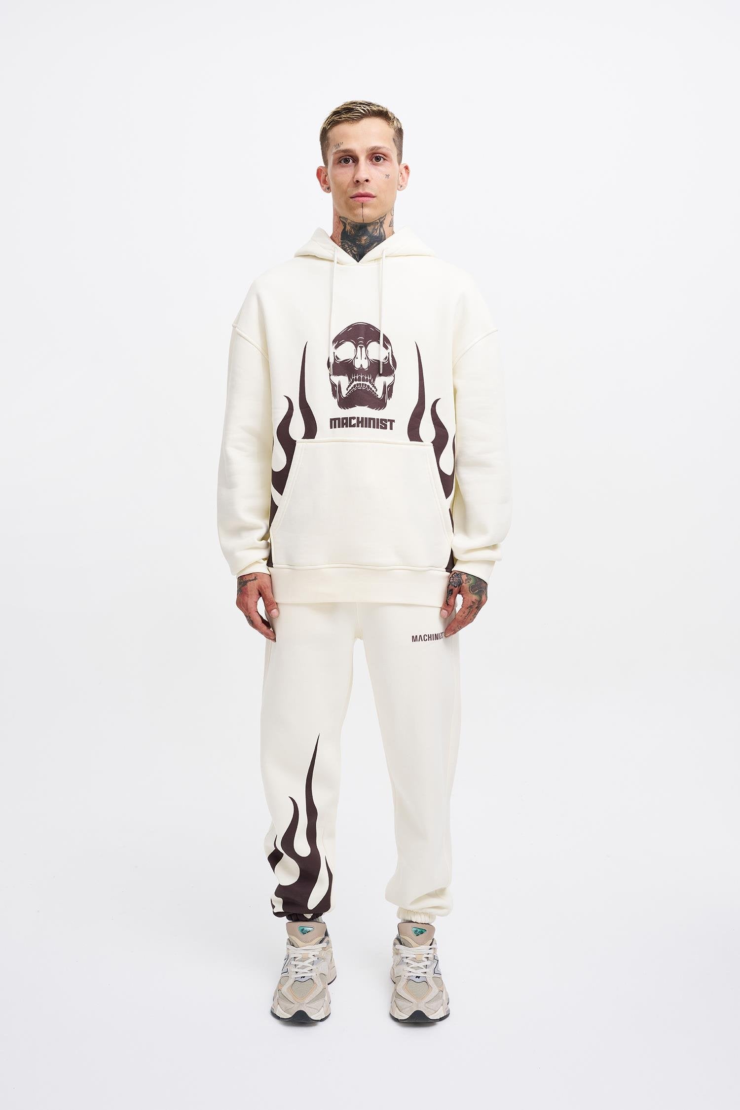 Erkek Oversize Fire Baskılı Sweatshirt Ekru